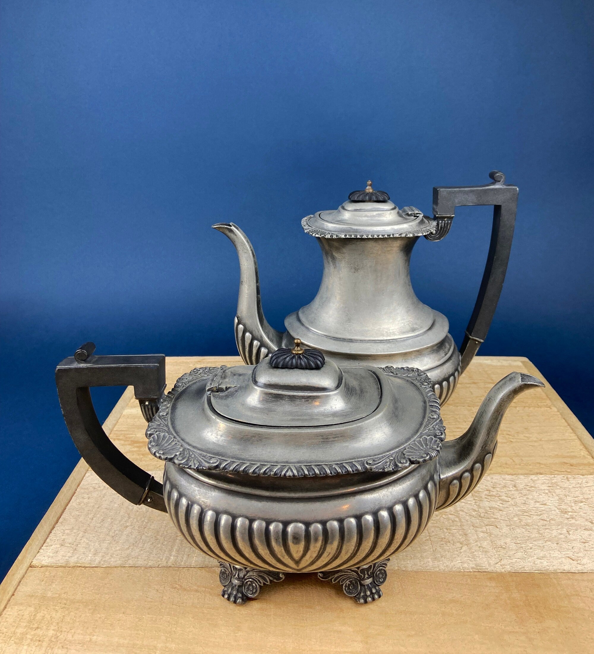 Vintage Pewter Teapot and Coffee Pot. Set of Two Beautifully Detailed Serving Pots. Fluted Body. Made in England. Pewter Collectors.