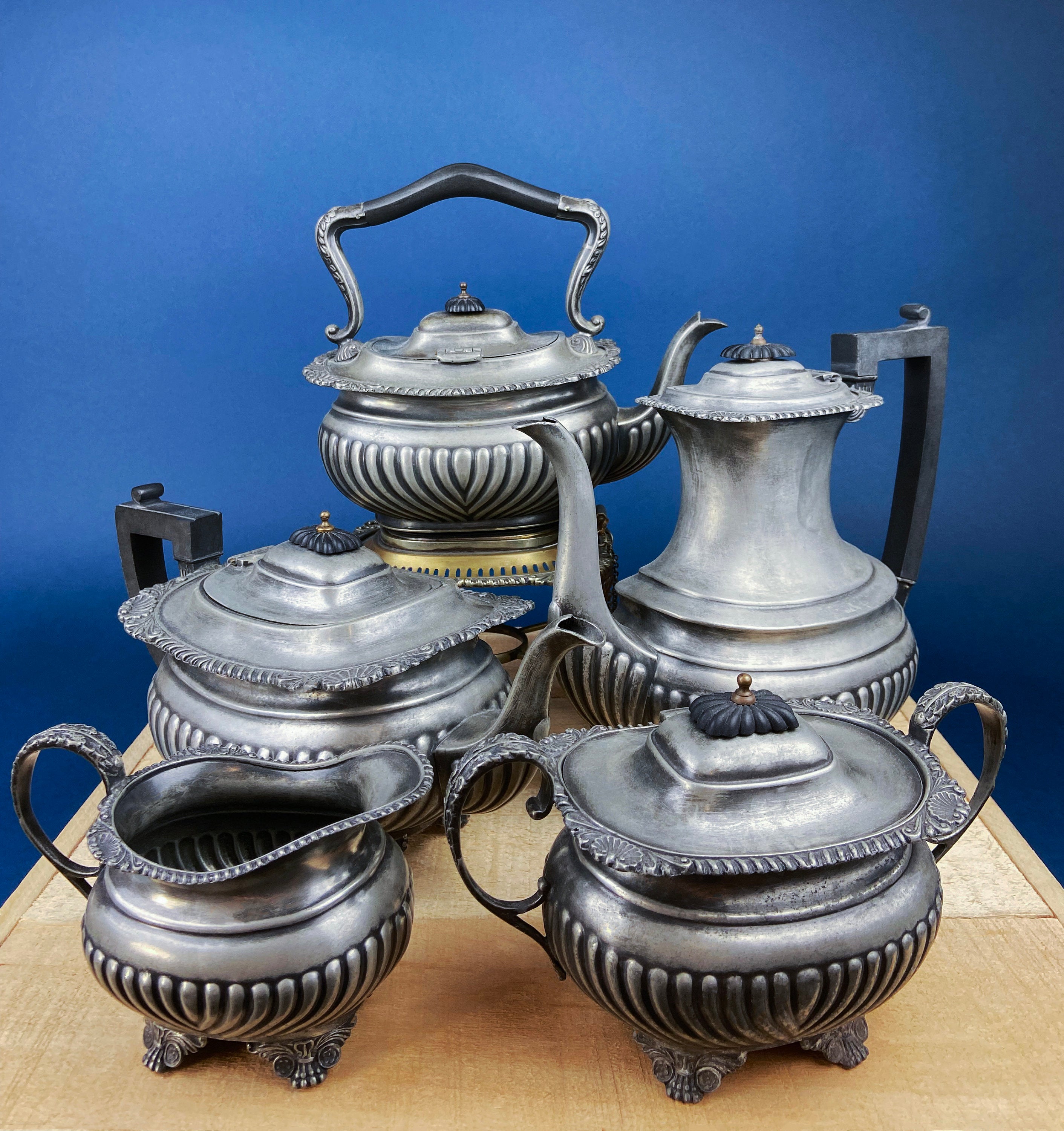 Vintage Pewter Teapot and Coffee Pot. Set of Two Beautifully Detailed Serving Pots. Fluted Body. Made in England. Pewter Collectors.