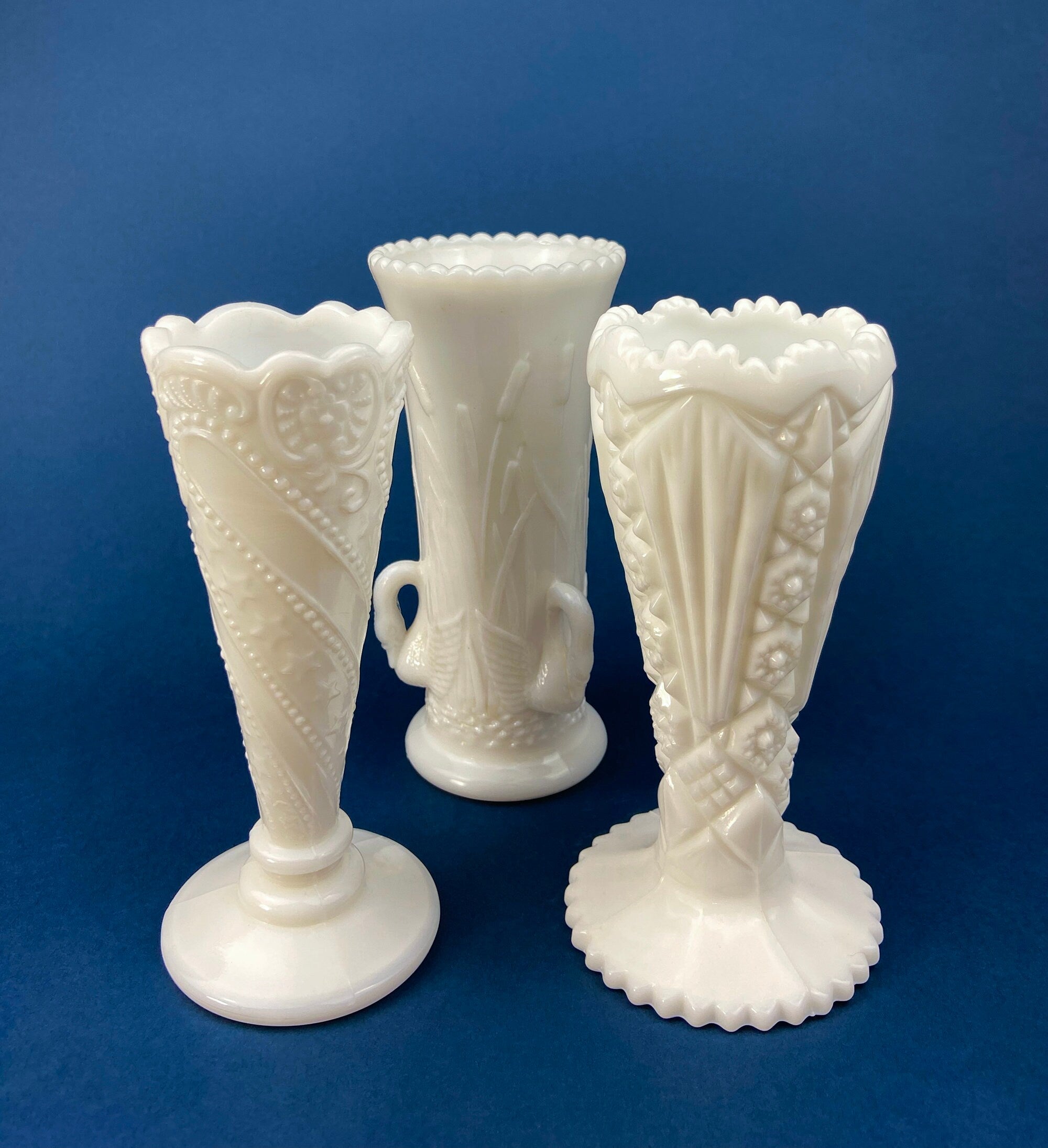 Set of Three, Fluted Milk Glass Vases. Collection of White, Modern Style Vases of Varying Shapes and Sizes. Wedding Decor. White Home Decor