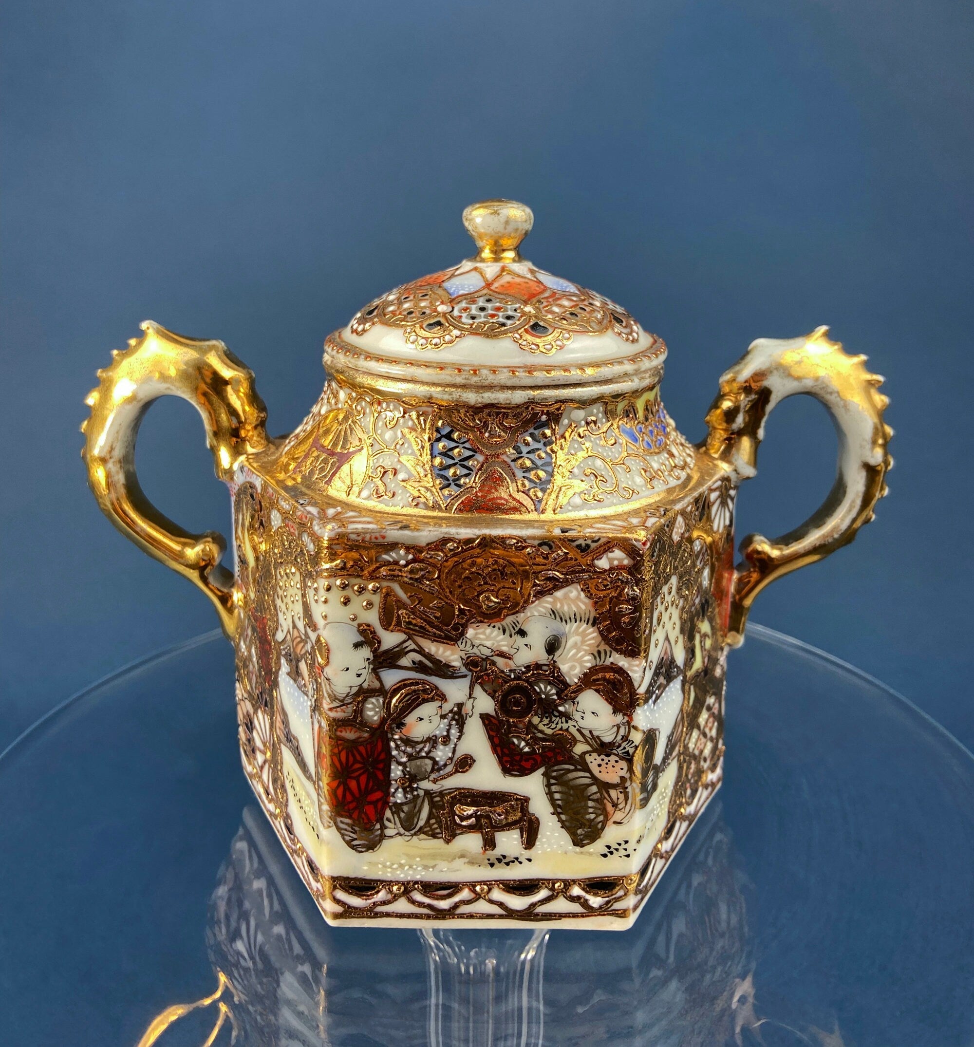 Antique Japanese Moriage Tea Cup Set. Gold Hand Painted Teaware with Teapot, Sugar Bowl, Creamer, and Six Japanese Tea Cups.
