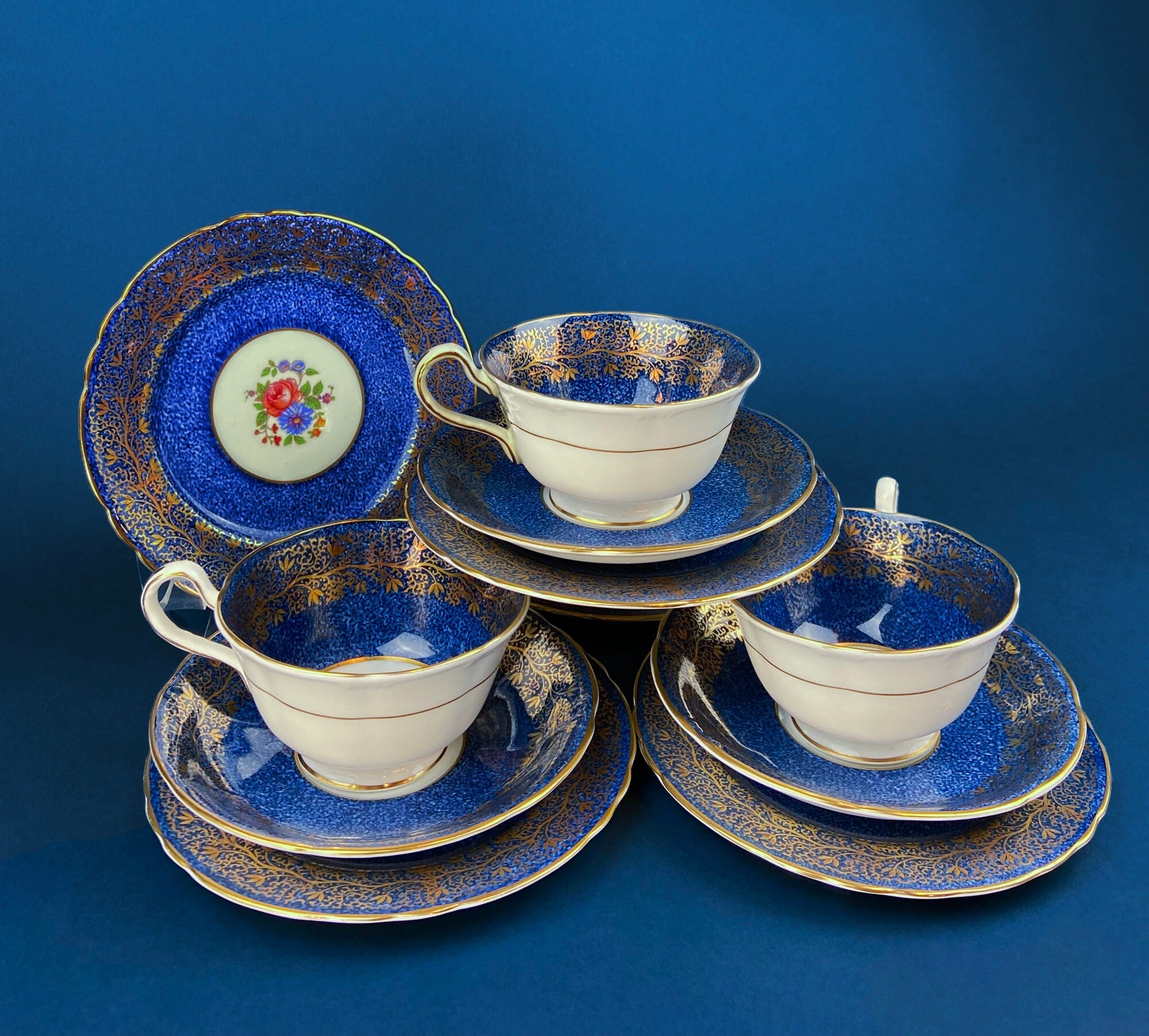 Vintage Aynsley Creamer and Sugar Bowl. Blue and Gold, with Hand Painted Bouquet of Flowers. Fine Bone China.