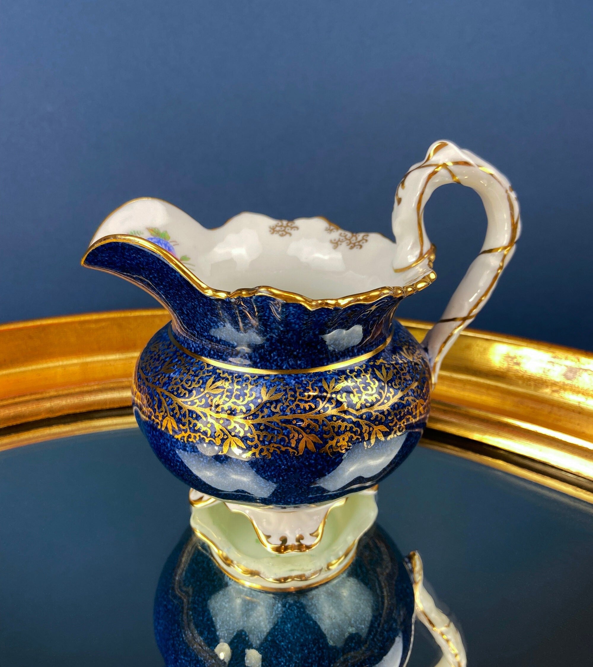 Vintage Aynsley Creamer and Sugar Bowl. Blue and Gold, with Hand Painted Bouquet of Flowers. Fine Bone China.