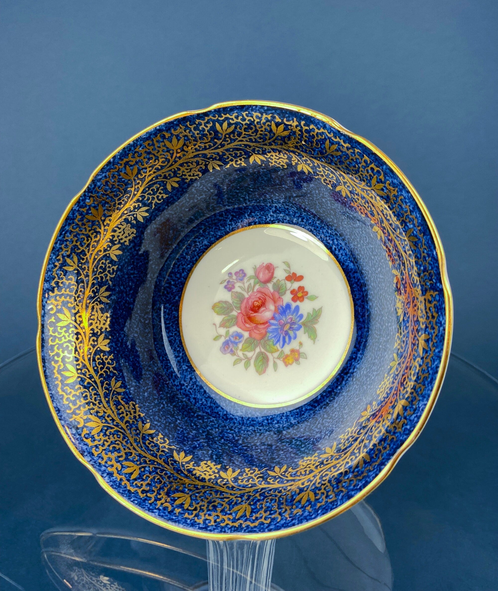 Vintage Aynsley Creamer and Sugar Bowl. Blue and Gold, with Hand Painted Bouquet of Flowers. Fine Bone China.