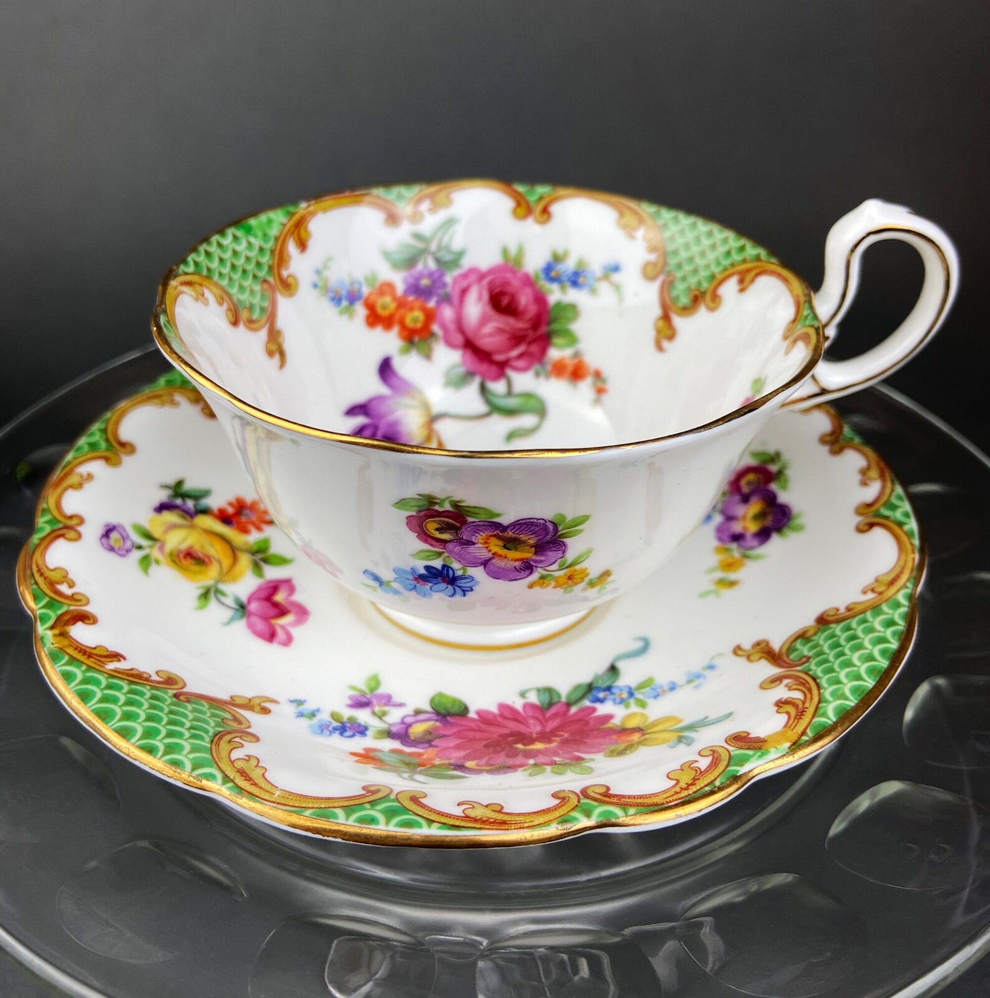 Vintage Staffordshire Tea Trio: Green, Gold, and Pink Porcelain Set
