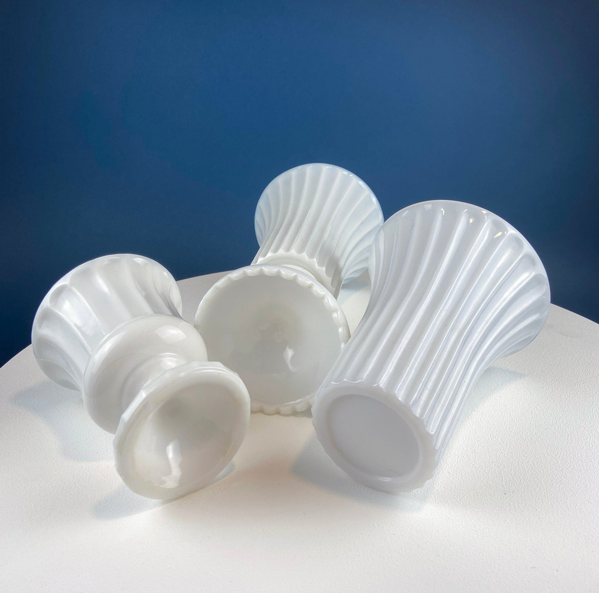 Set of Three, Fluted Milk Glass Vases. Collection of White, Modern Style Vases of Varying Shapes and Sizes. Wedding Decor. White Home Decor