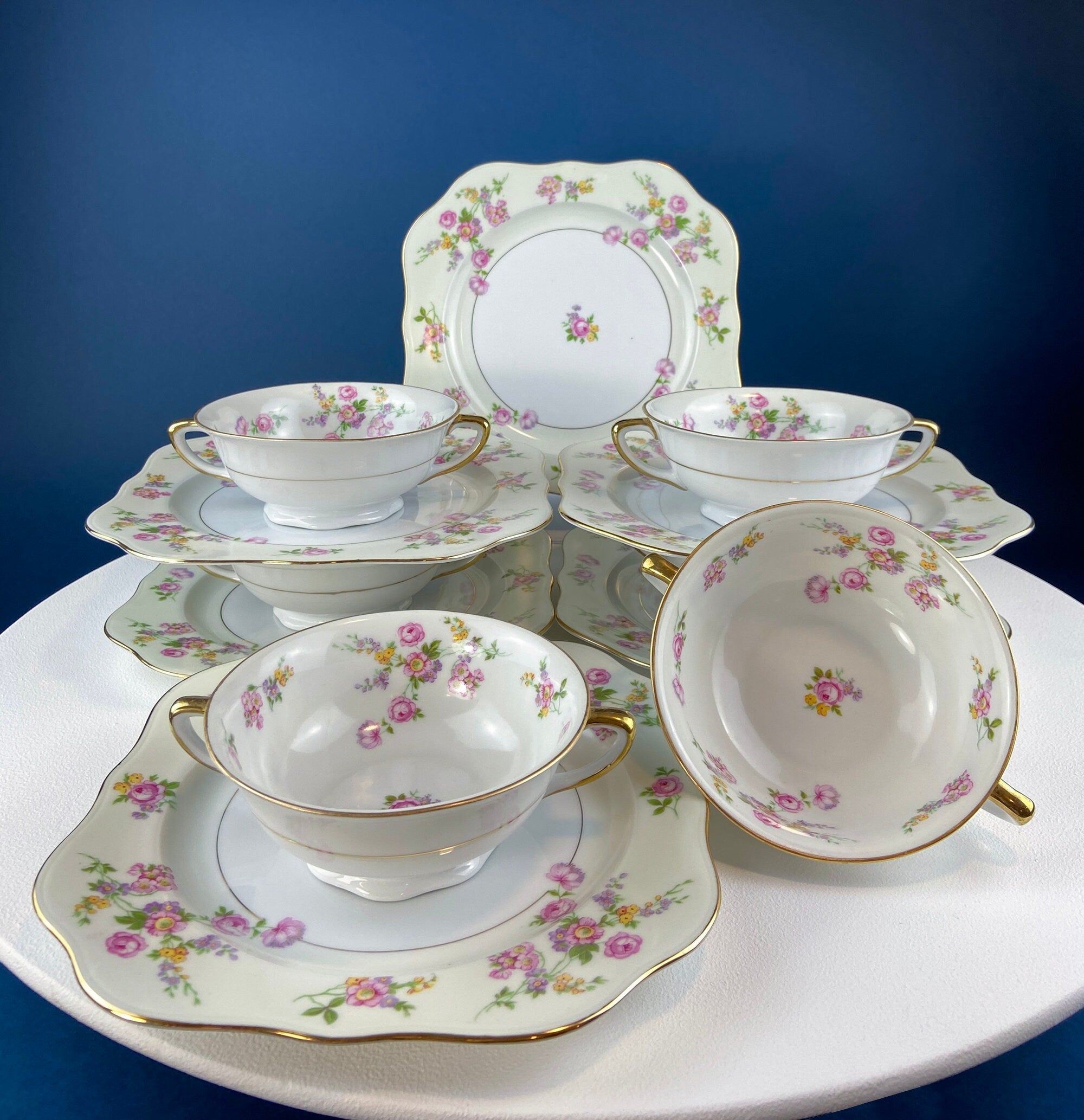 Vintage Noritake Allison Porcelain Soup Bowls & Saucers, Gold Wedding Band China, Set of 7