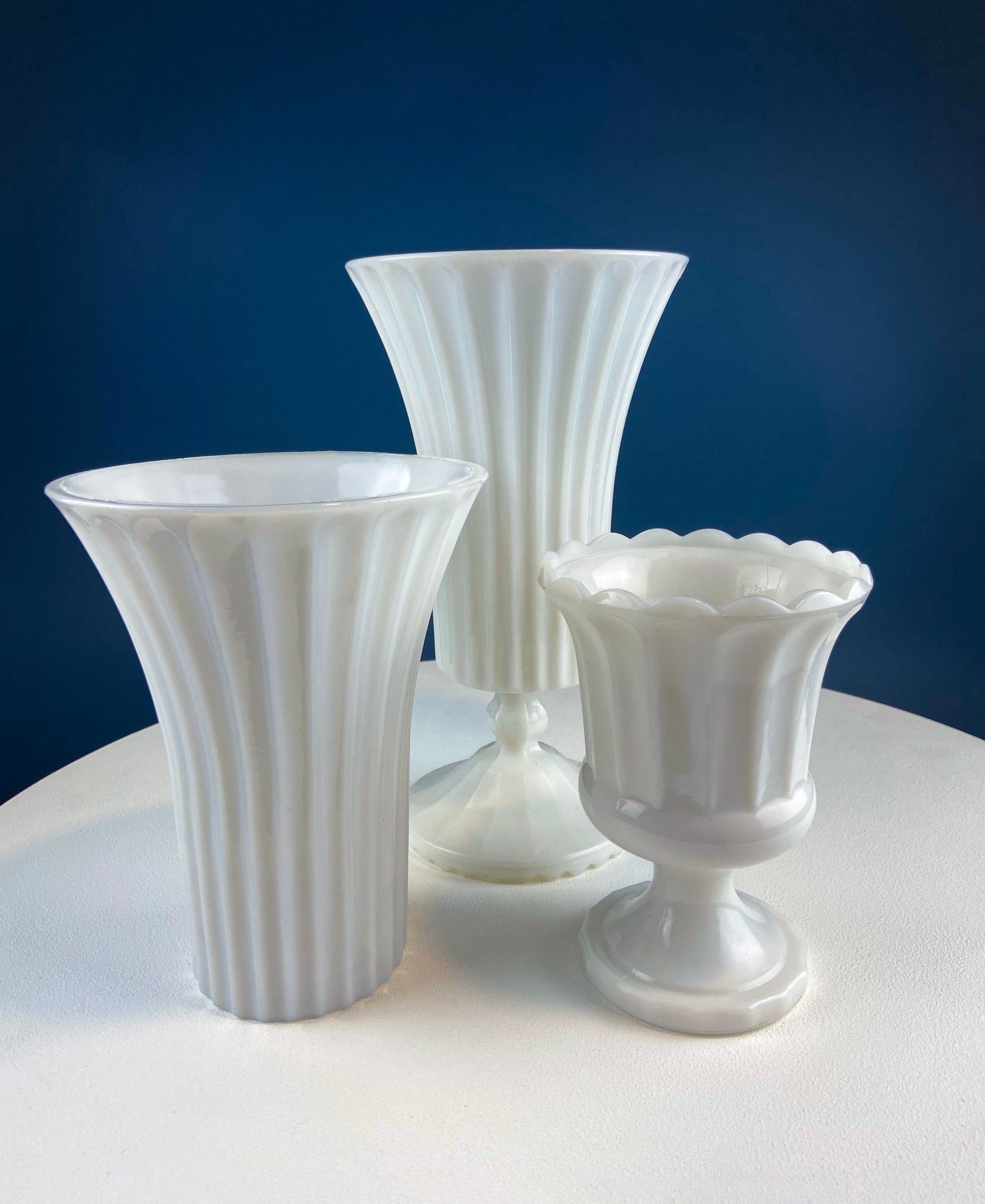 Set of Three, Fluted Milk Glass Vases. Collection of White, Modern Style Vases of Varying Shapes and Sizes. Wedding Decor. White Home Decor