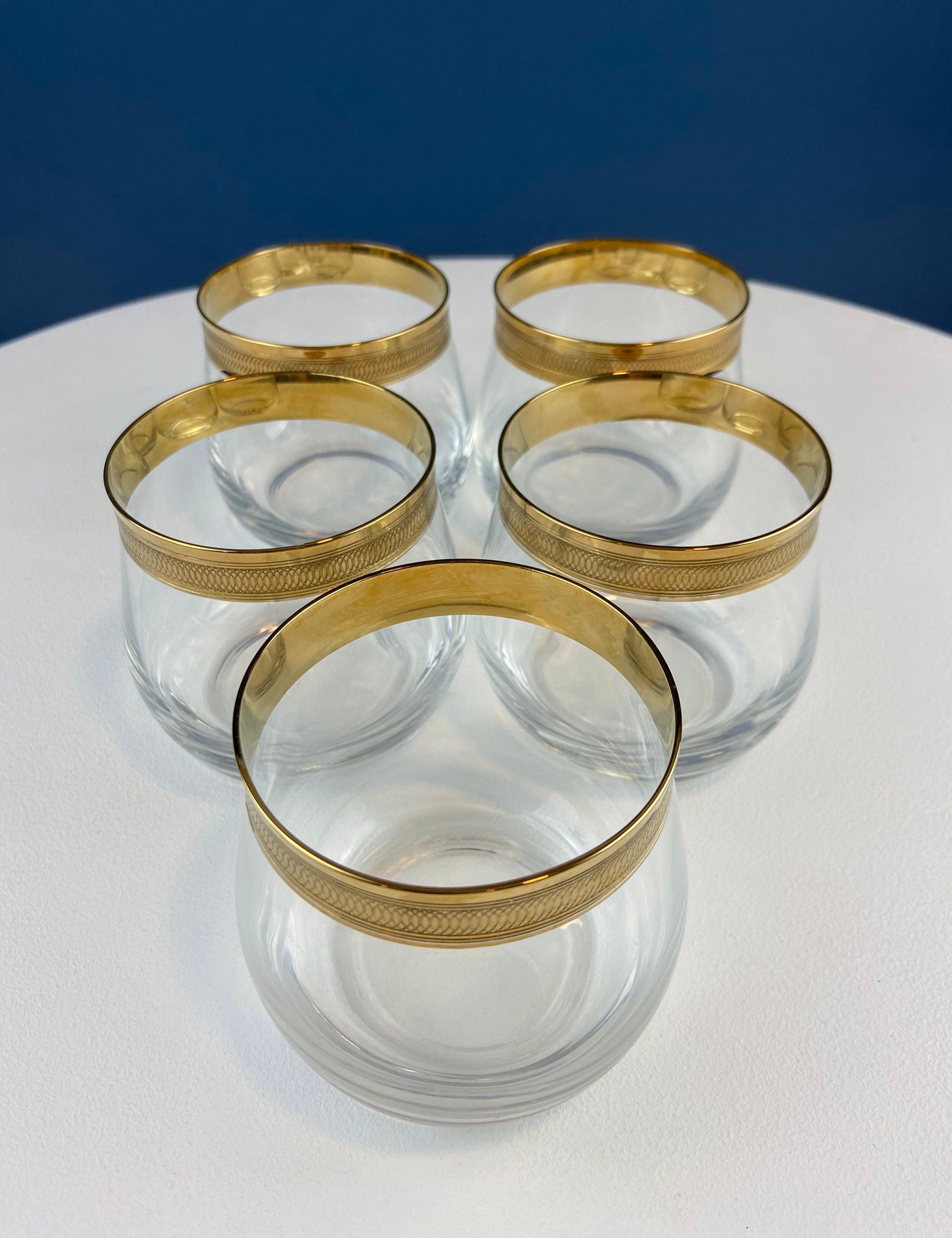 Set of 5 Whiskey or Scotch Stemless Glassware. Bold Gold Rim with Engraved Motif. Elegant Gift for Dad or Him. Office Bar.