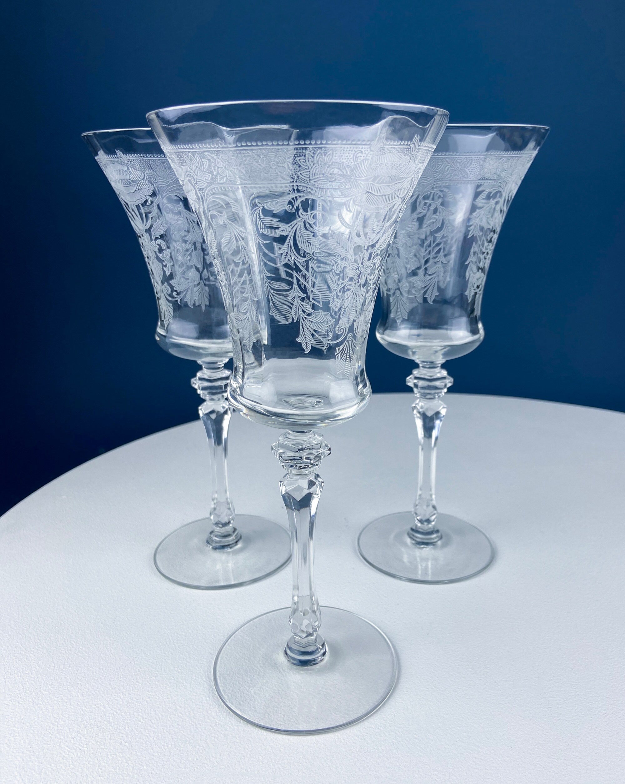 Vintage Etched Poppies Wine/Water Crystal Goblets. Mayfield by Tiffin Franciscan. Set of 7 Stunning Art Nouveau/Art Deco Stemware.