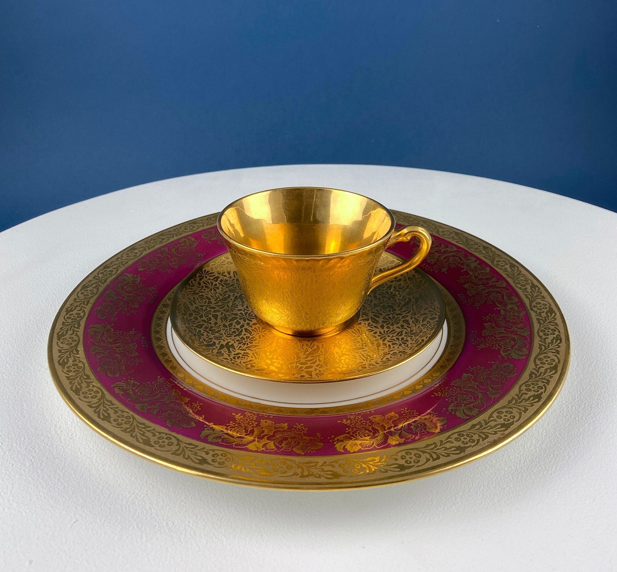 Gold Cup and Saucer with Red Plate: Wheeling Germany, Omeco Czechoslovakia Tea Set