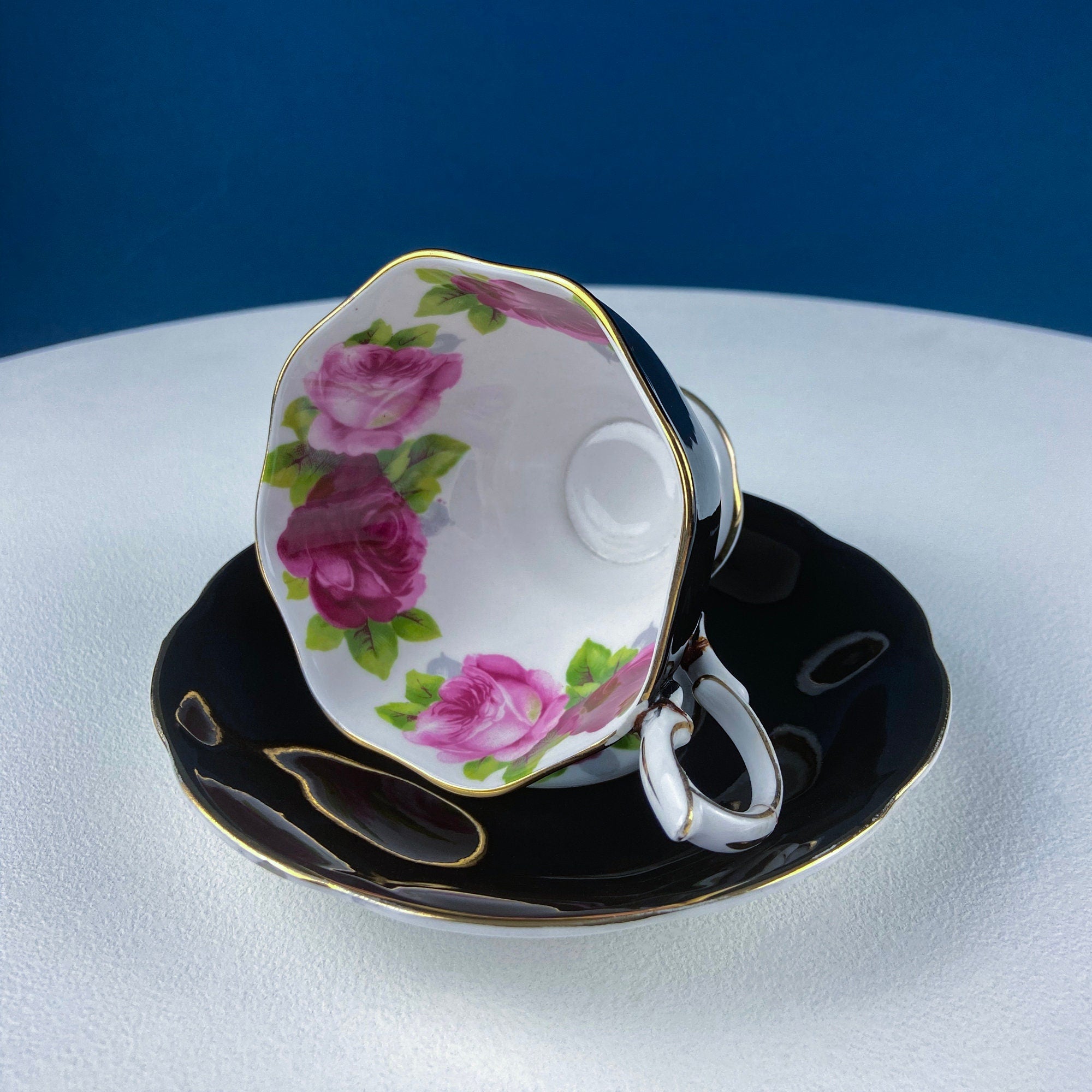 Teacup & Saucer with Large Red Roses and Rich Gold Rim. Queen Anne Fine China. Dining Room Decor. Romantic Gift for Tea Lover, Him or Her.