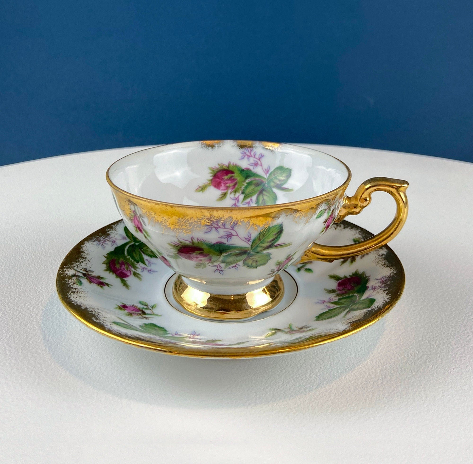 Vintage Moss Rose Tea/Coffee Cup and Saucer. Collectible Porcelain Set. Dining Room Decor. Modern Farmhouse. Gift for Him Her.