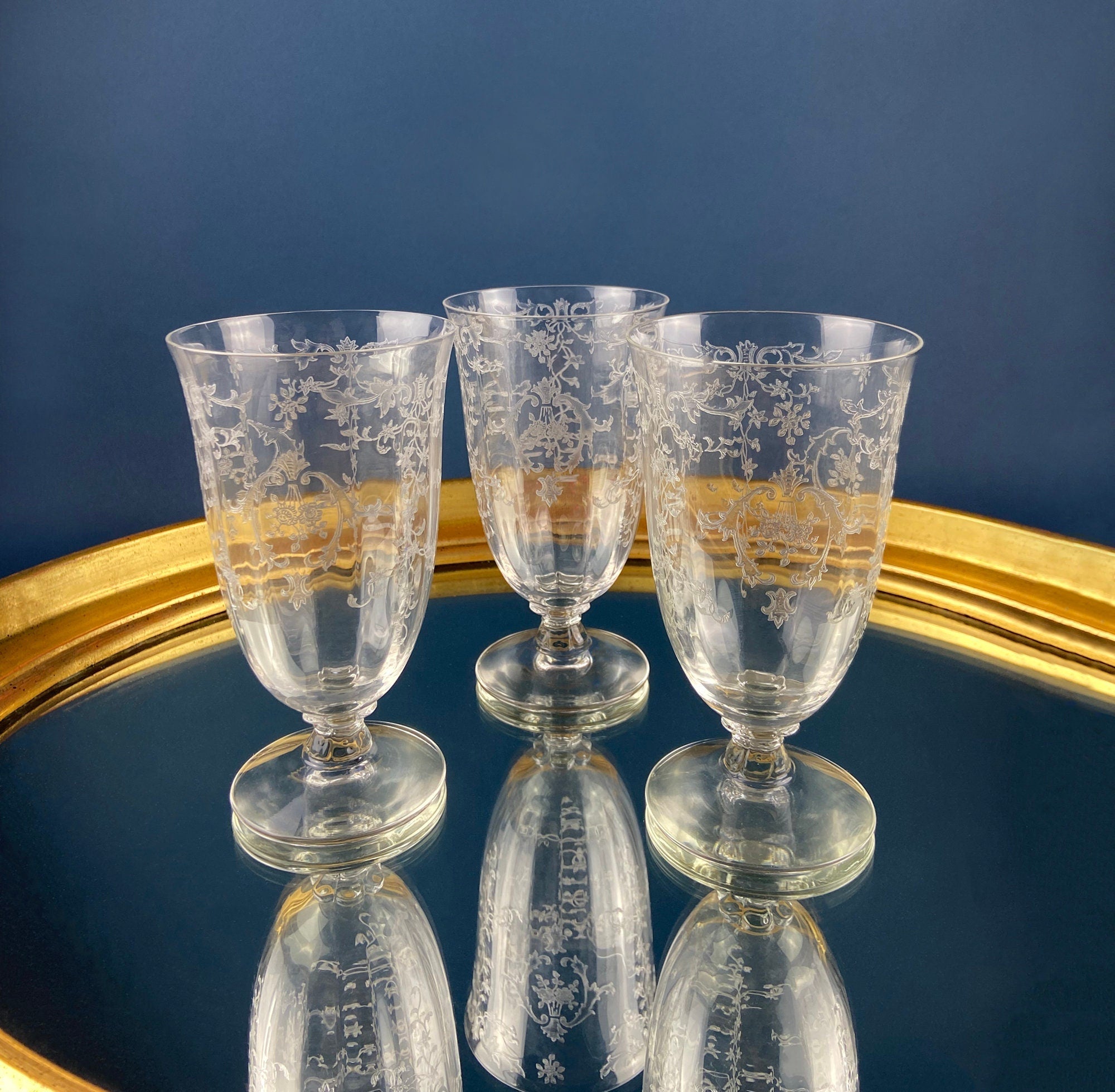 Vintage Fostoria Navarre Juice Water Goblets. Set of 6 Etched Crystal Glasses. Home Decor. Dining Room Decor. Collectible Glassware.