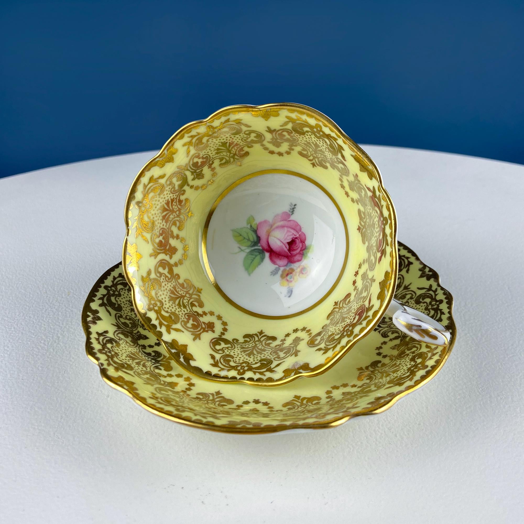 Vintage Paragon Yellow Tea Coffee Cup & Saucer. Red Rose Motif and Gold Floral Border. Collectible Dining Room Decor. Gift for Him Her.