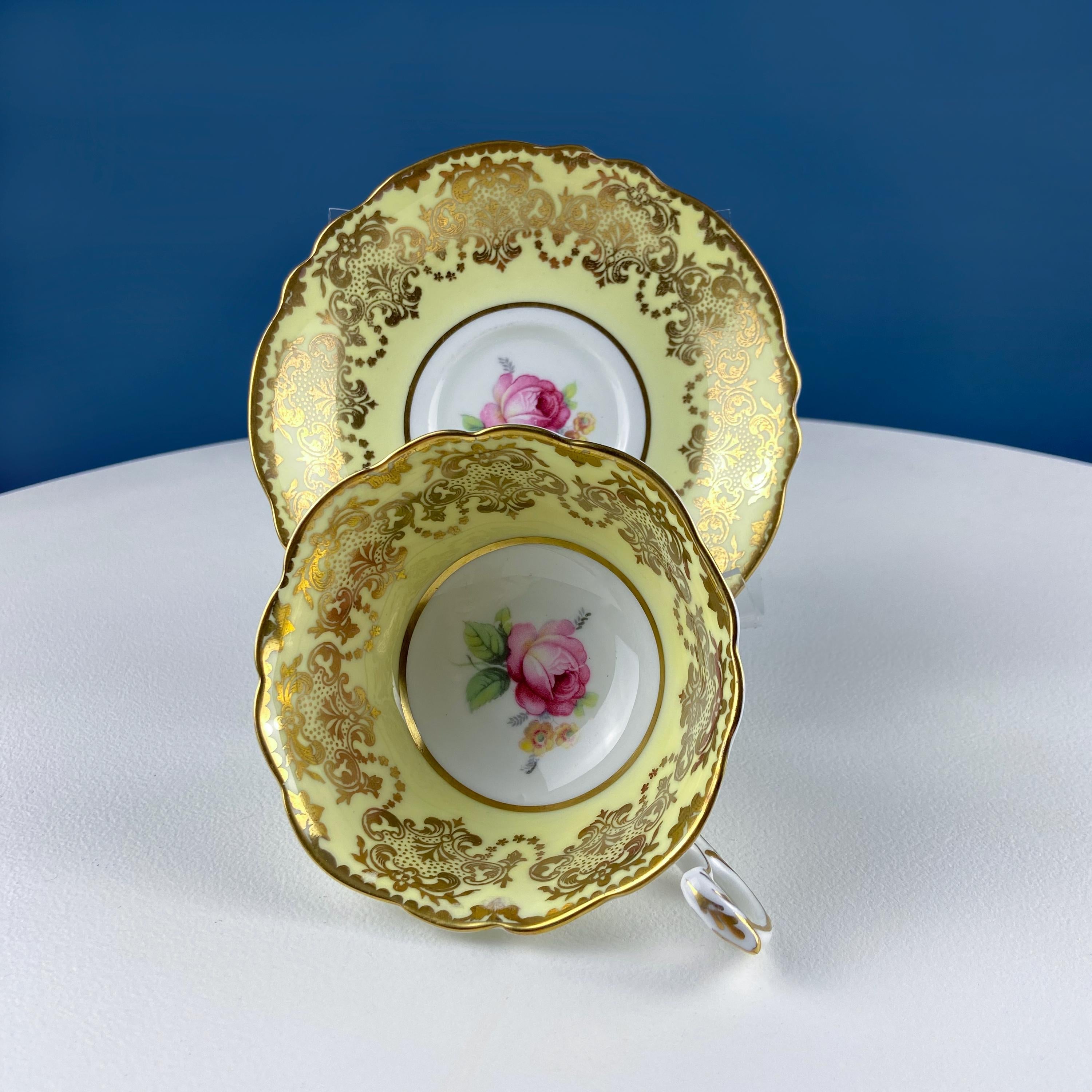 Vintage Paragon Yellow Tea Coffee Cup & Saucer. Red Rose Motif and Gold Floral Border. Collectible Dining Room Decor. Gift for Him Her.