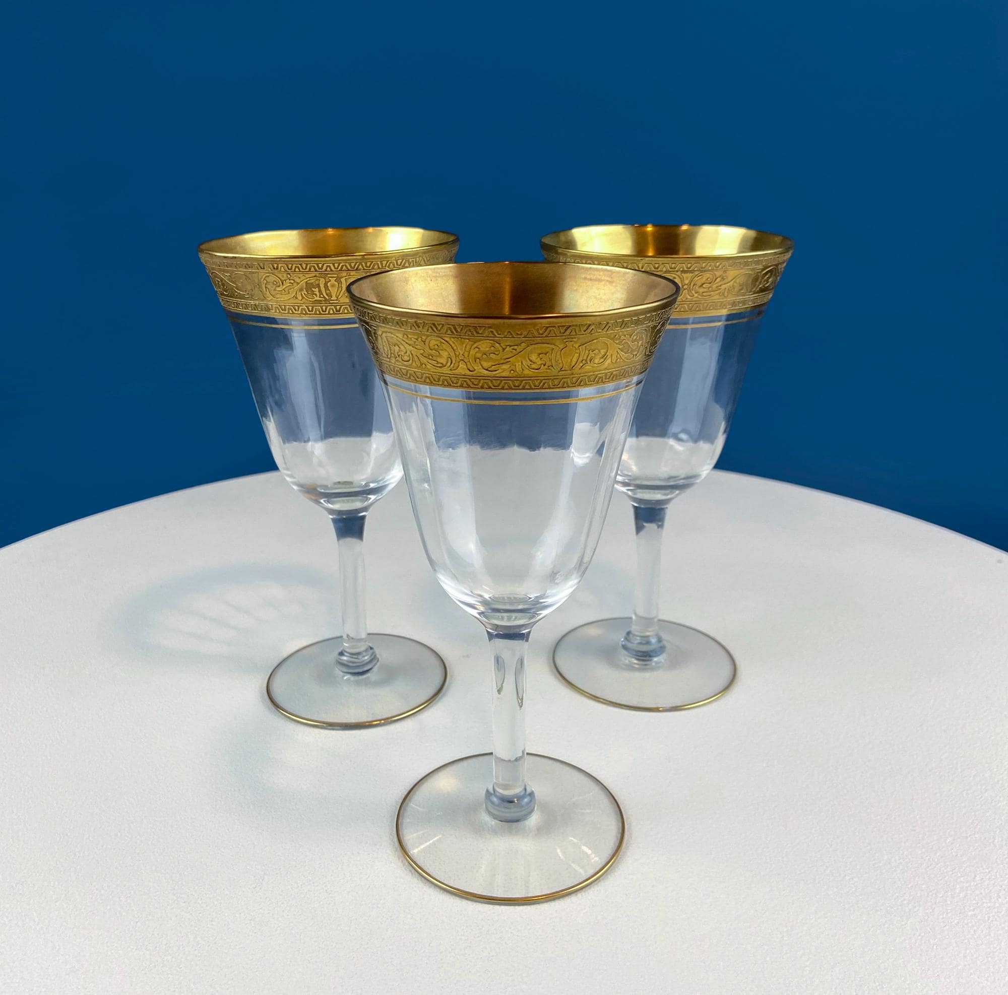 Antique Tiffin Franciscan Wine Goblets with Embossed Gold Rims. Set of 5 Faceted Mid Century Stemware. 24K Gold. Dining Room Decor. Gift for Him Her