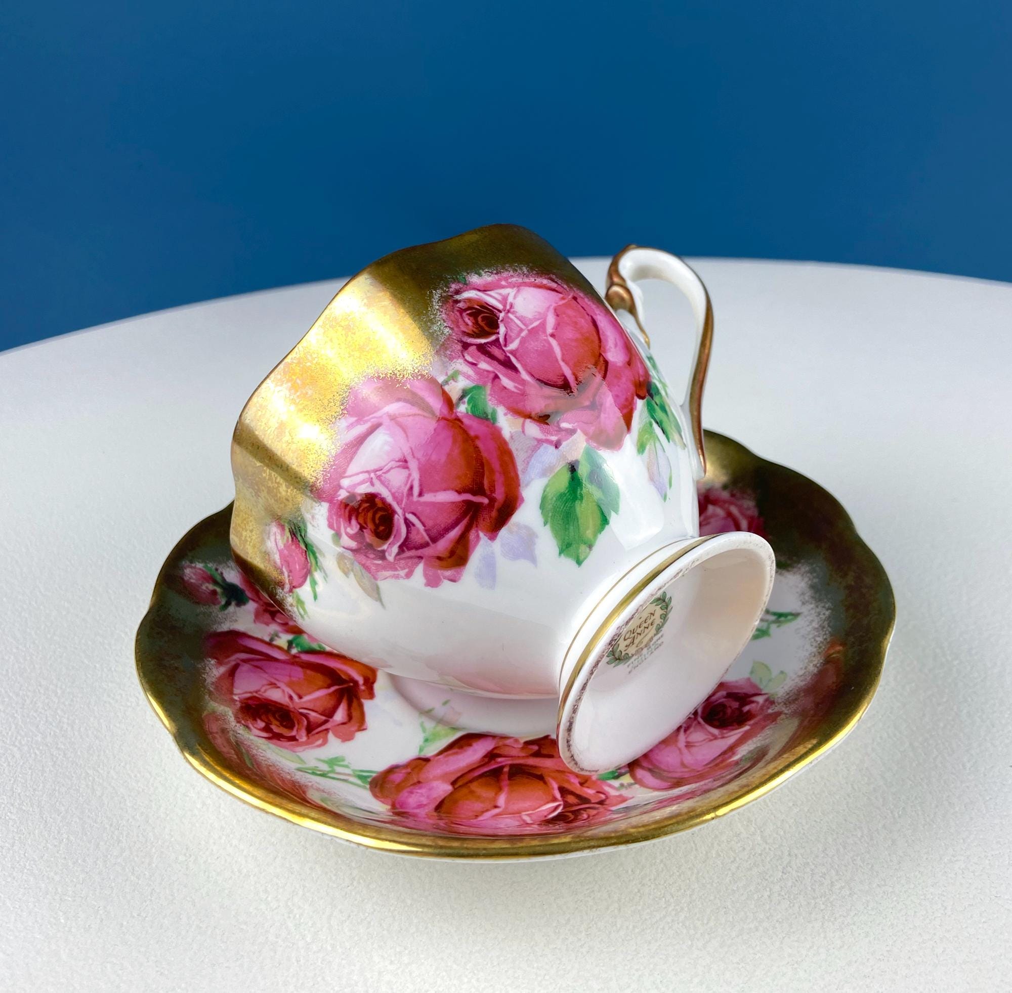 Teacup & Saucer with Large Red Roses and Rich Gold Rim. Queen Anne Fine China. Dining Room Decor. Romantic Gift for Tea Lover, Him or Her.