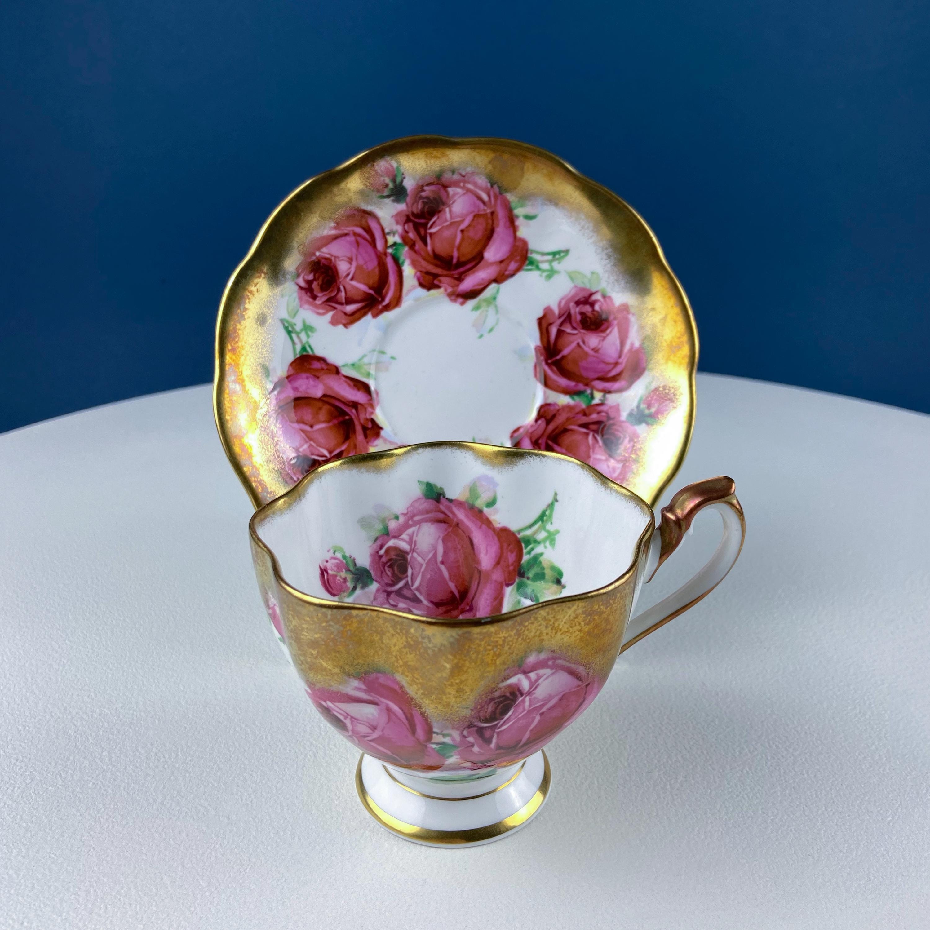 Teacup & Saucer with Large Red Roses and Rich Gold Rim. Queen Anne Fine China. Dining Room Decor. Romantic Gift for Tea Lover, Him or Her.