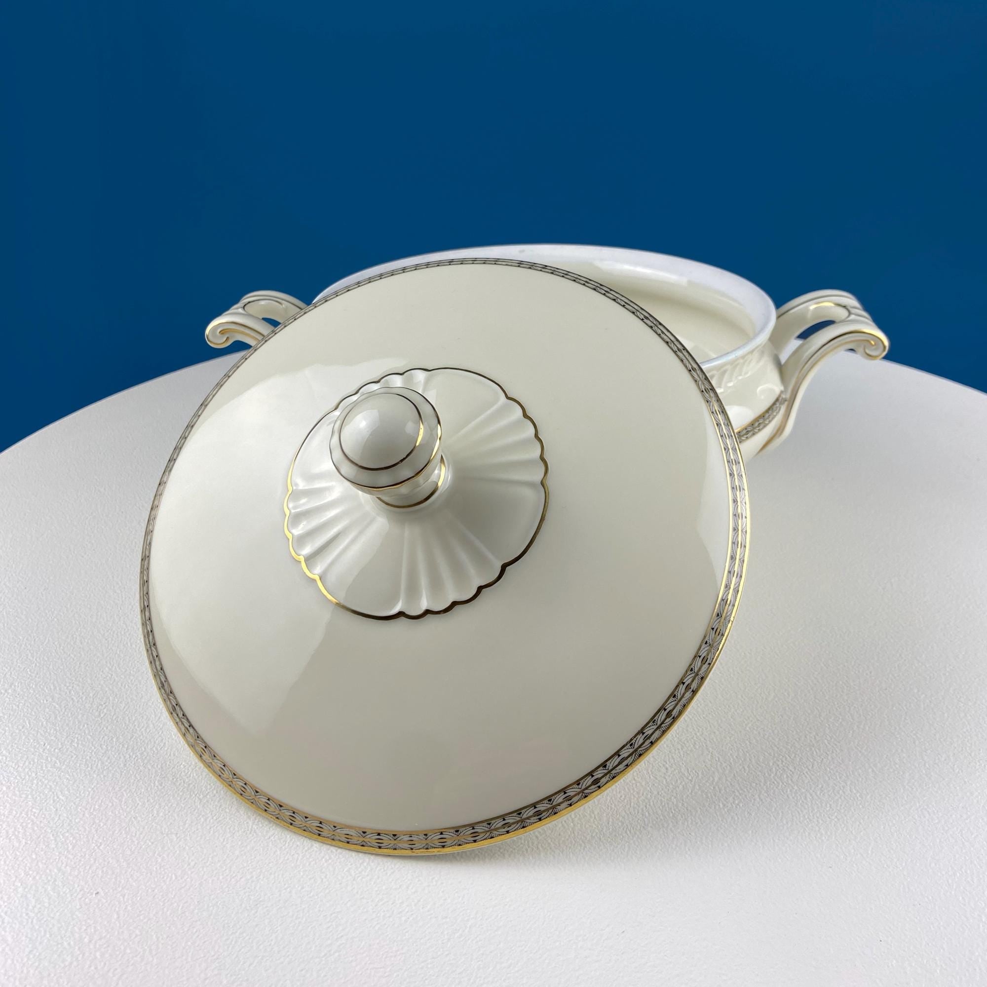 Vintage Round Porcelain Tureen. Classic Minimal Design. Soup Serving Dish with Gold/Black Motif. Dining Room Decor. Table Centerpiece.