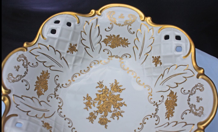 Antique Rosenthal Bowl: White & Gold Porcelain, Scalloped Rim