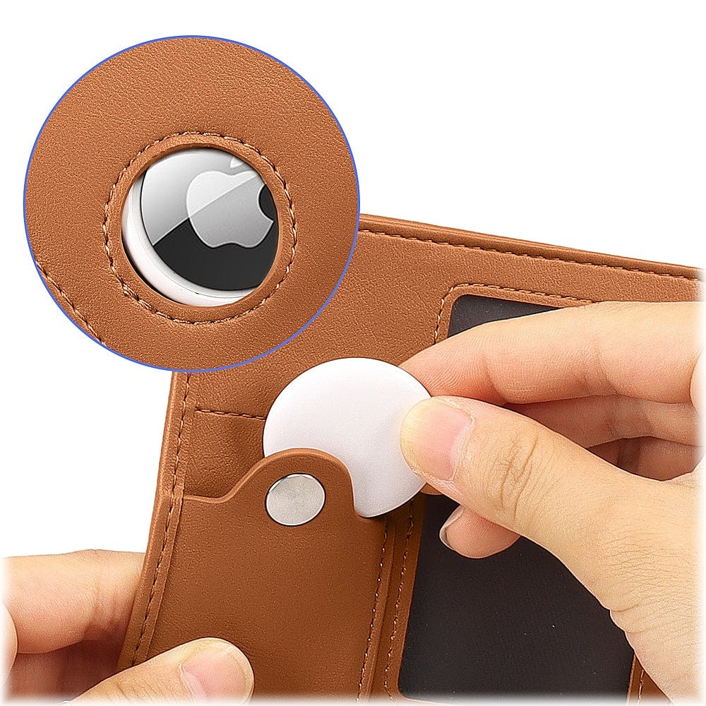 Genuine Leather Wallet Case for Apple AirTag - Brown