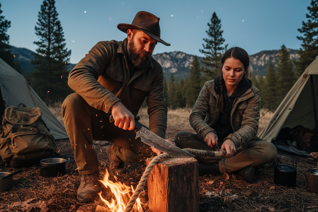 Man and woman at a wilderness campsite using a Damascus tactical bowie knife to prepare camp