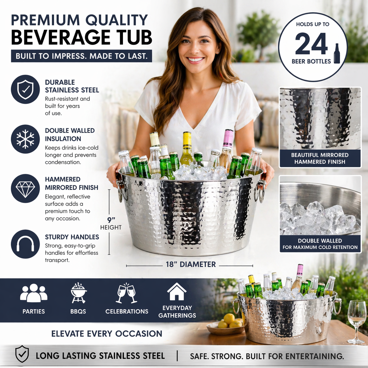 Anchored XL Double-Wall Stainless Steel Beverage Tub (Round) – 6.25 Gallon Insulated Drink Cooler for Parties | BREKX