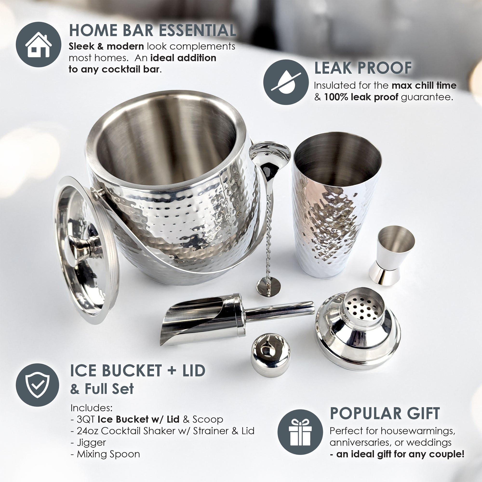 Iceberg Stainless Steel Ice Bucket & Cocktail Bar Tool Set – 3 Qt | BREKX