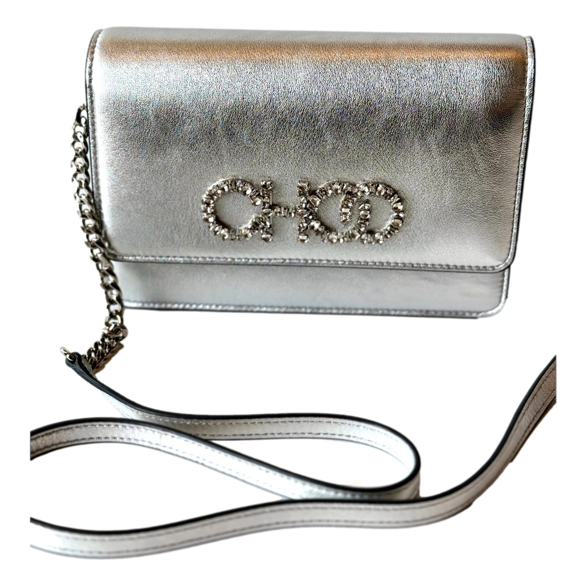 Jimmy Choo Kalina Metallic Silver Leather Crystal Logo Crossbody Clutch Bag
