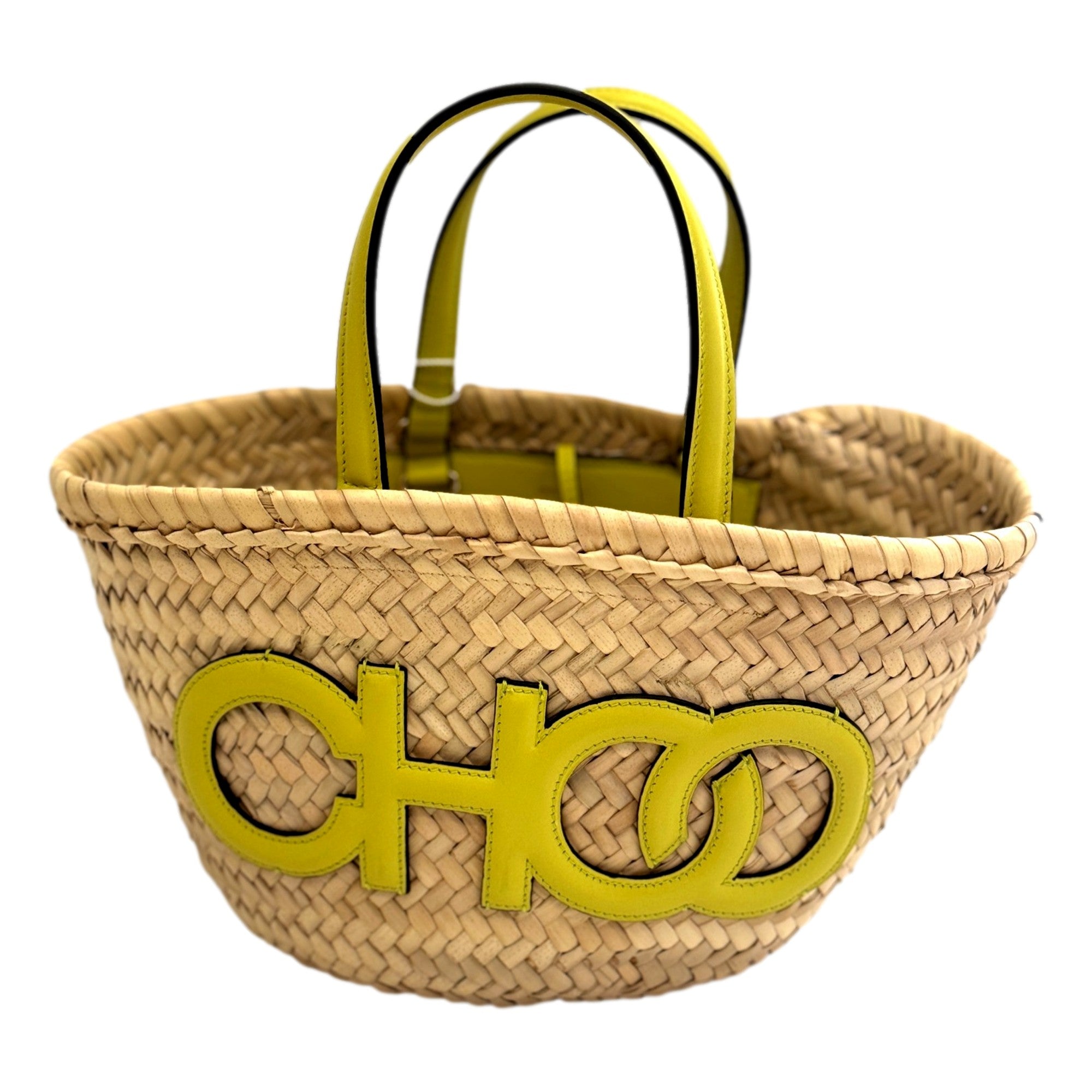 Jimmy Choo Raffia Tote Bag Citron Yellow Leather Trim Logo Crossbody Shopper