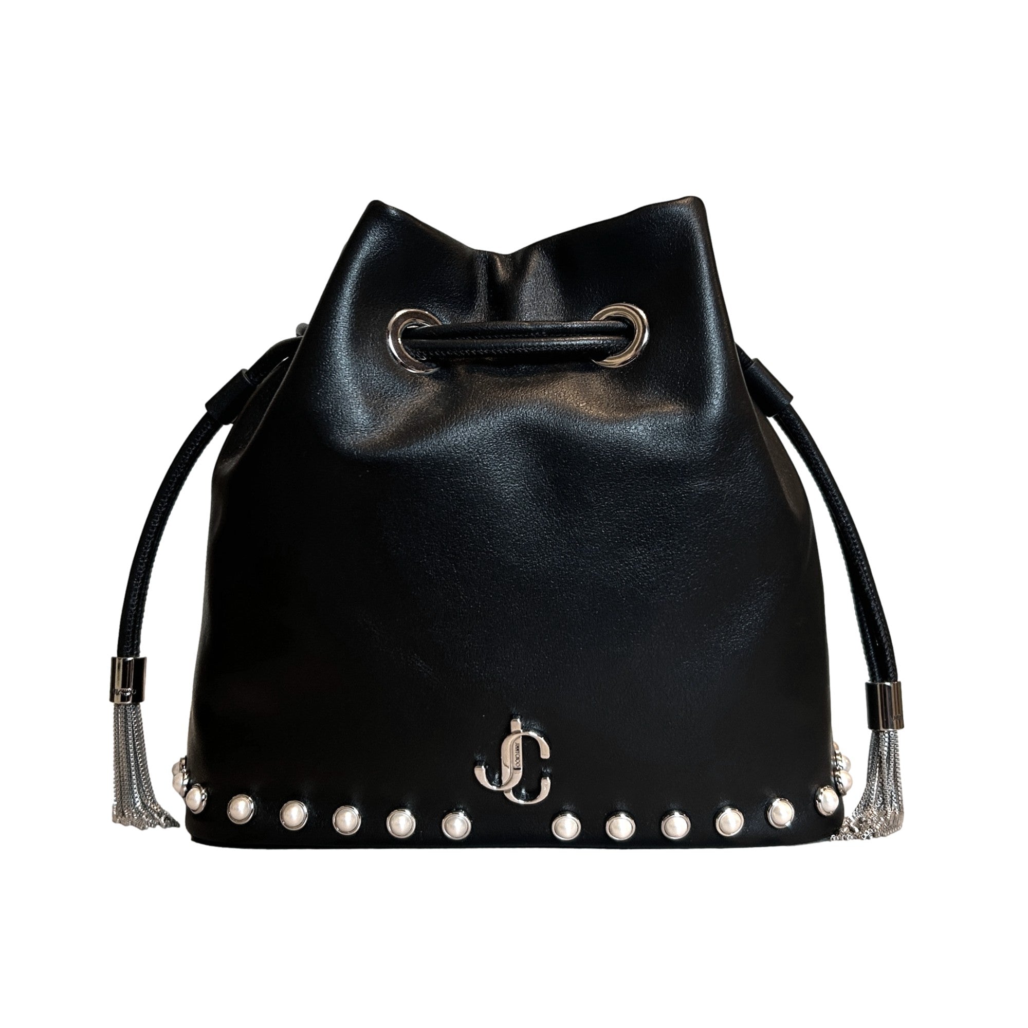 Jimmy Choo Marcheline Pearl Small Black Leather Bucket Crossbody Bag Chain Strap