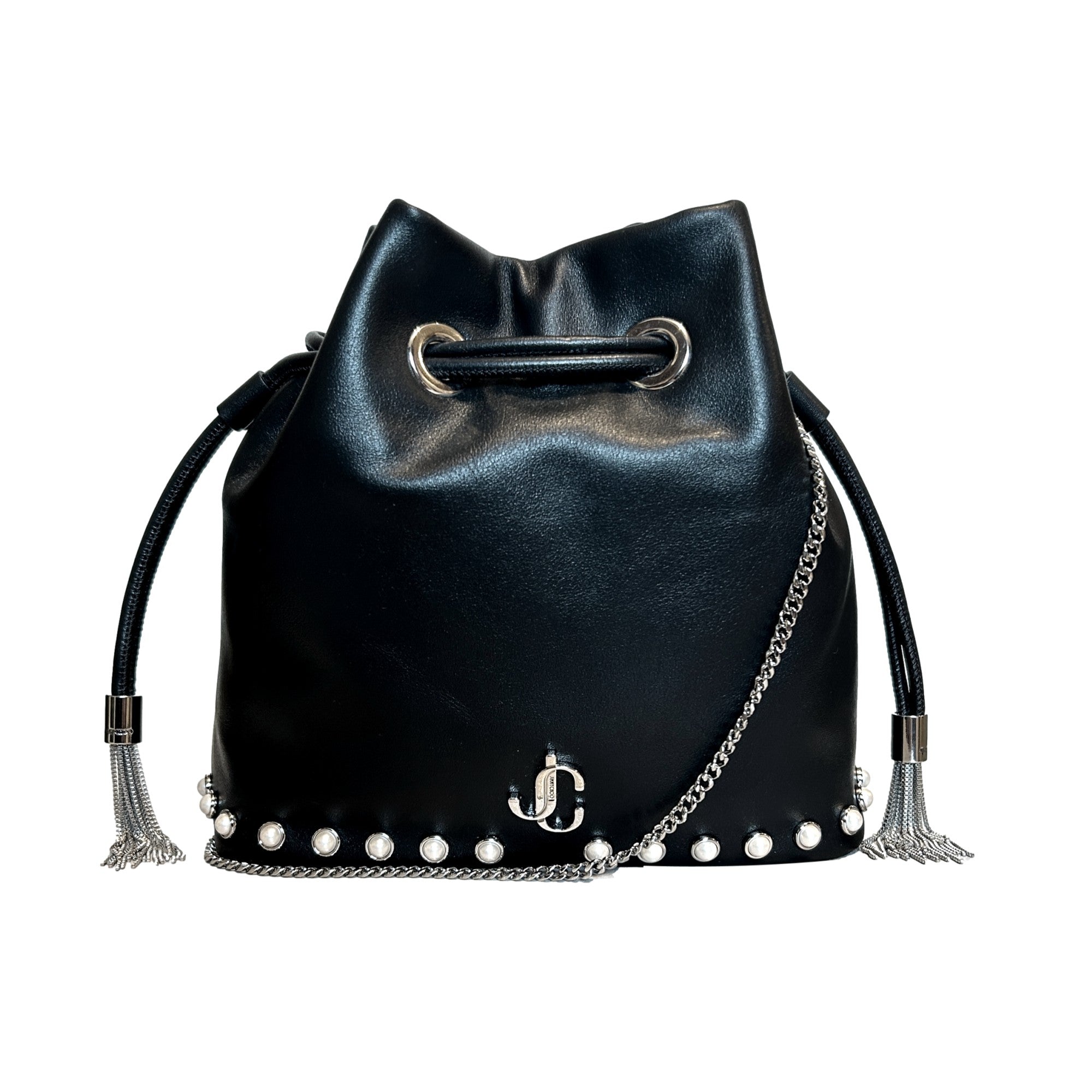 Jimmy Choo Marcheline Pearl Small Black Leather Bucket Crossbody Bag Chain Strap