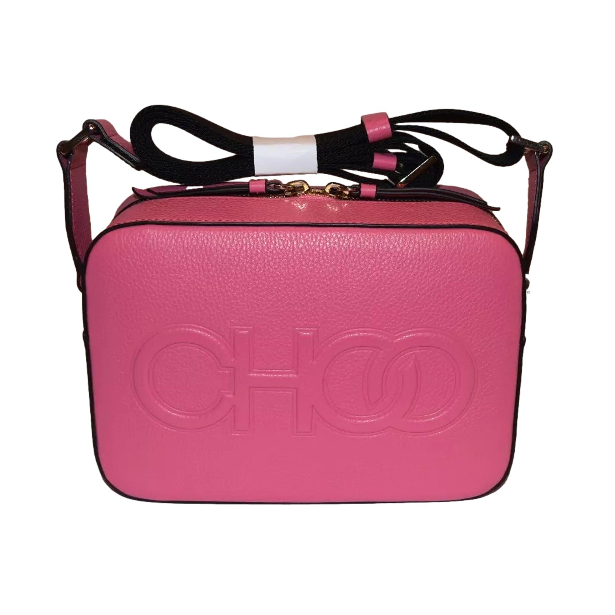 Jimmy Choo Peony Pink Leather Camera Crossbody Bag Logo Zip Gold Hardware
