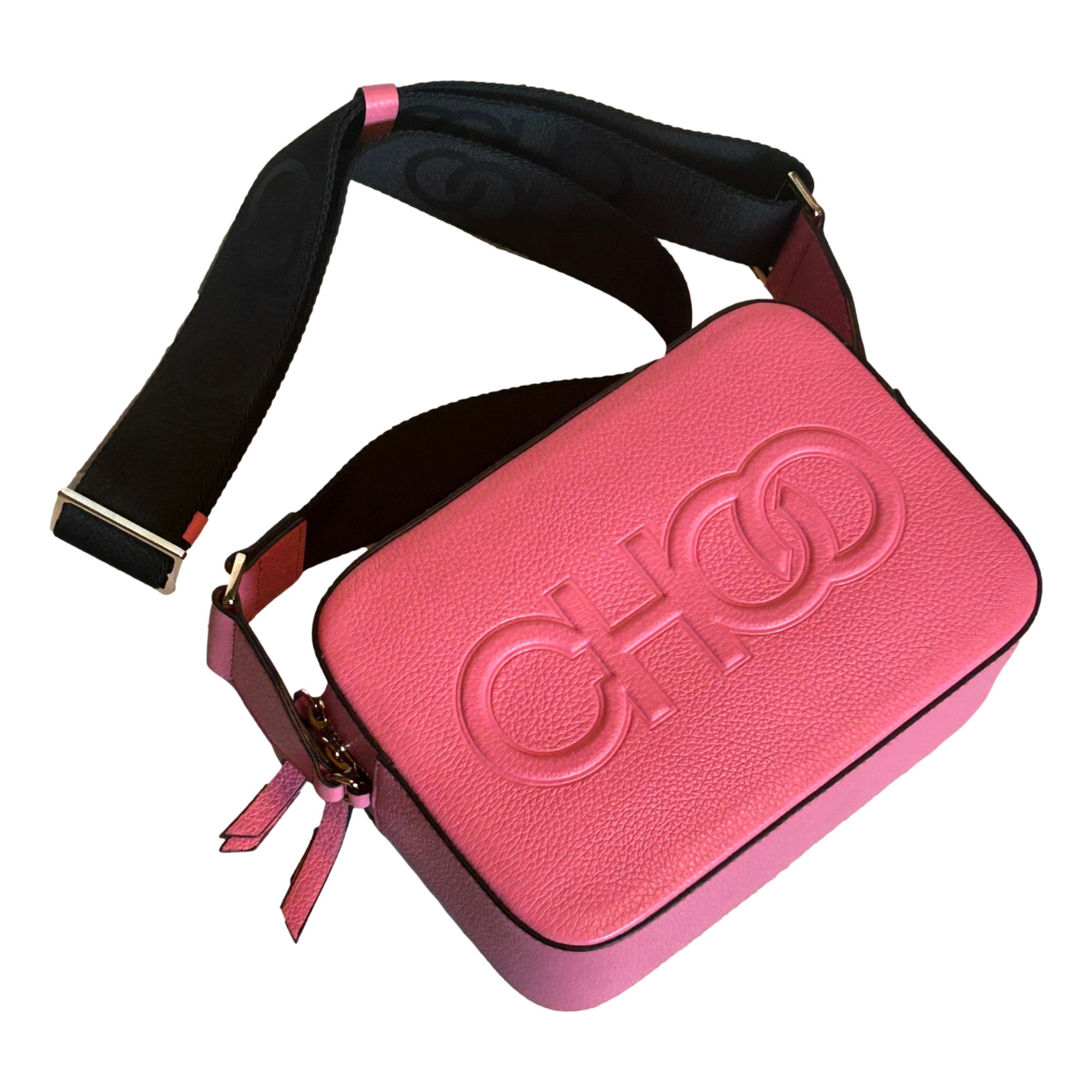 Jimmy Choo Peony Pink Leather Camera Crossbody Bag Logo Zip Gold Hardware