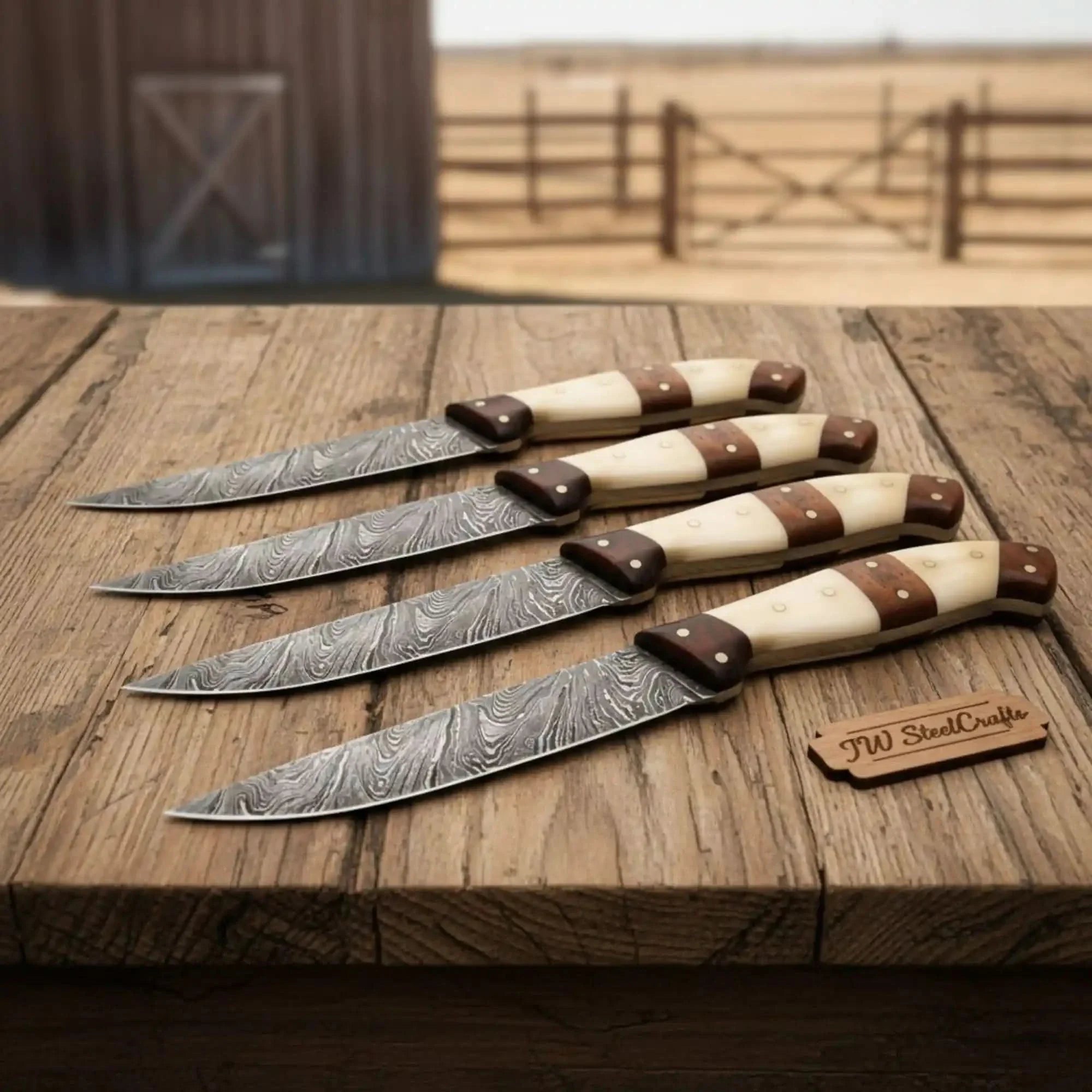 The Damascus Table — Handcrafted Steak Knife Set of Five | Bone & Rosewood | JW SteelCrafts