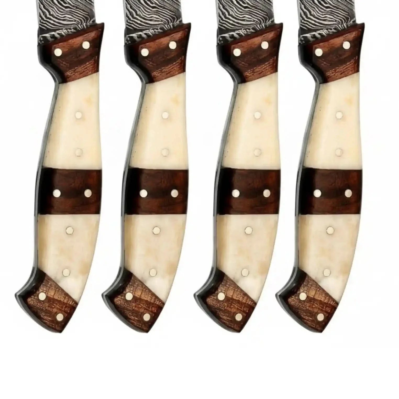 The Damascus Table — Handcrafted Steak Knife Set of Five | Bone & Rosewood | JW SteelCrafts