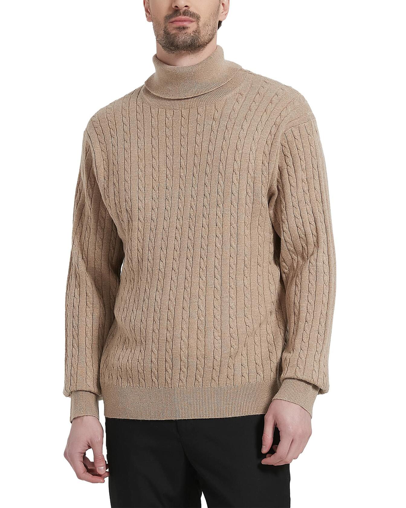 Kallspin Men's Wool Blend Cable-Knit Turtle Neck Sweater Coffee Size L - Overture Gifts