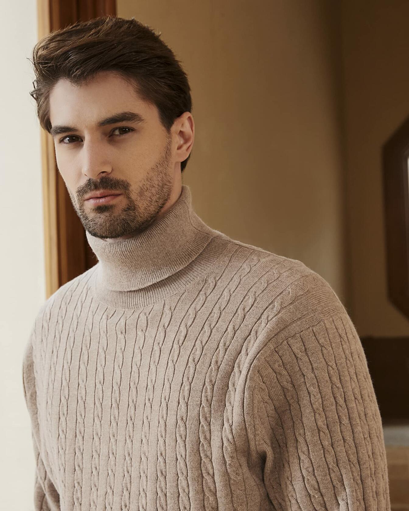 Kallspin Men's Wool Blend Cable-Knit Turtle Neck Sweater Coffee Size L - Overture Gifts