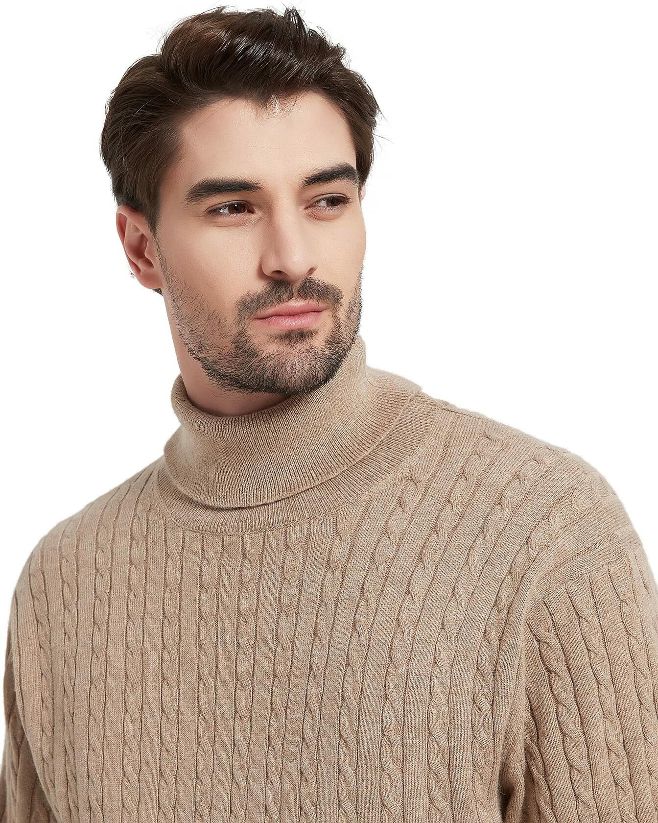 Kallspin Men's Wool Blend Cable-Knit Turtle Neck Sweater Coffee Size L - Overture Gifts