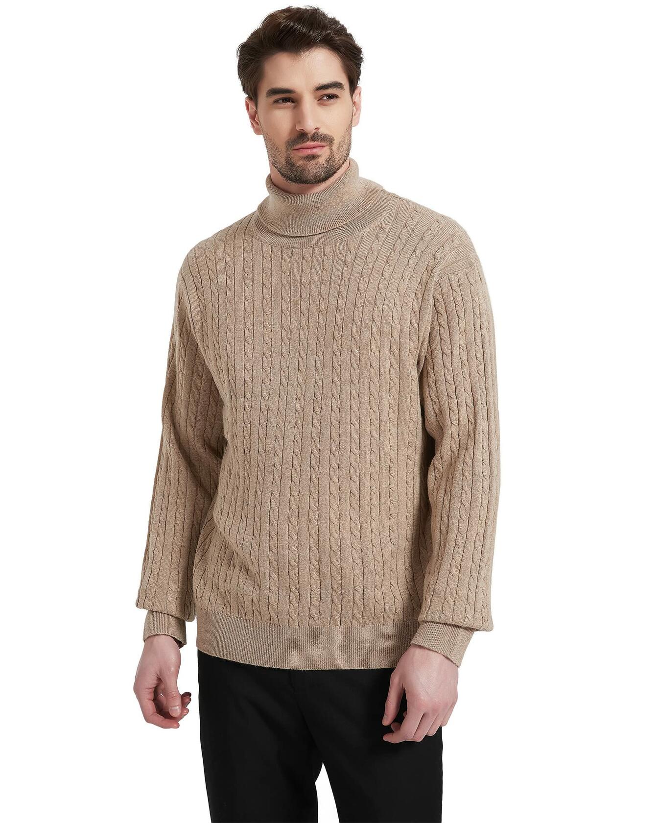 Kallspin Men's Wool Blend Cable-Knit Turtle Neck Sweater Coffee Size L - Overture Gifts
