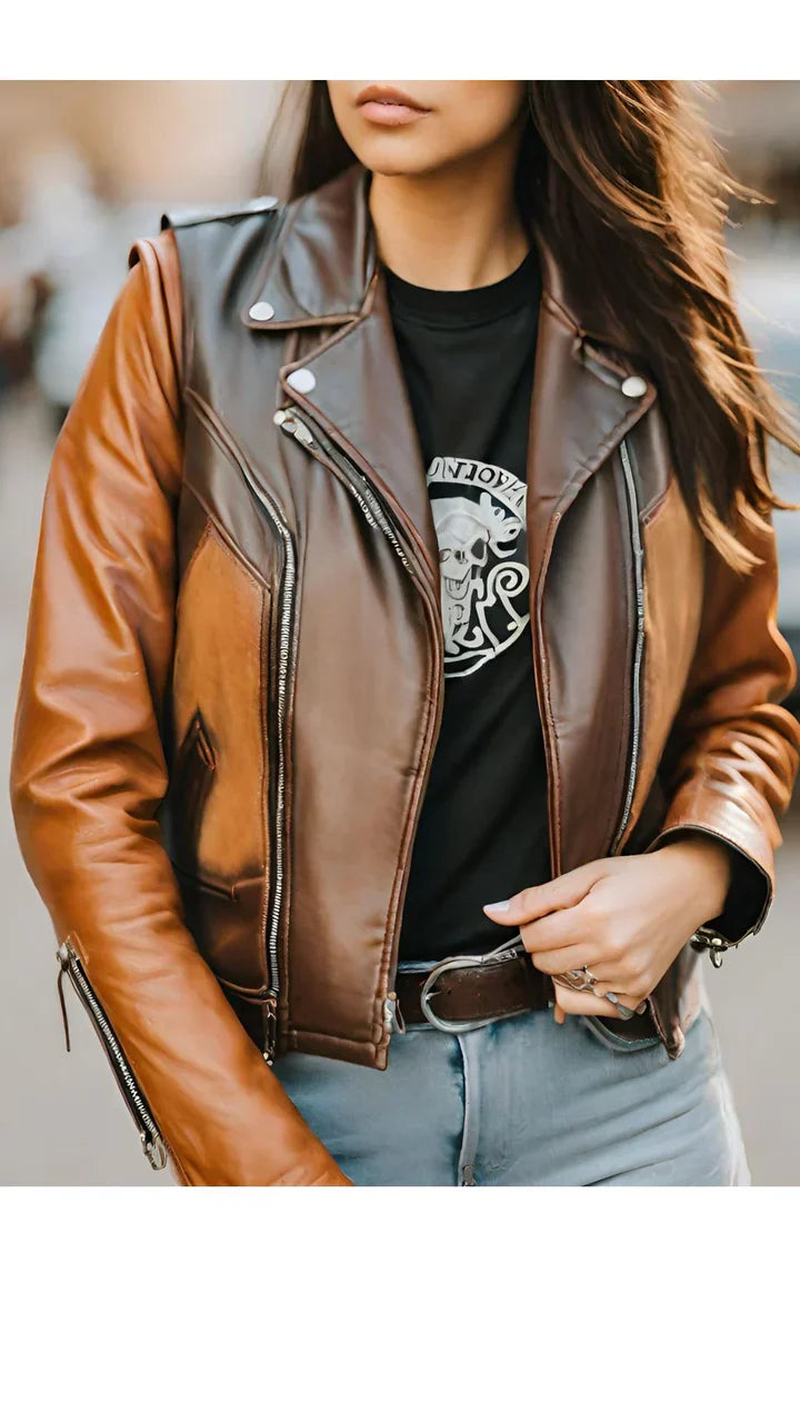 Brown & Dark Brown Biker Racer Leather Jacket for Women