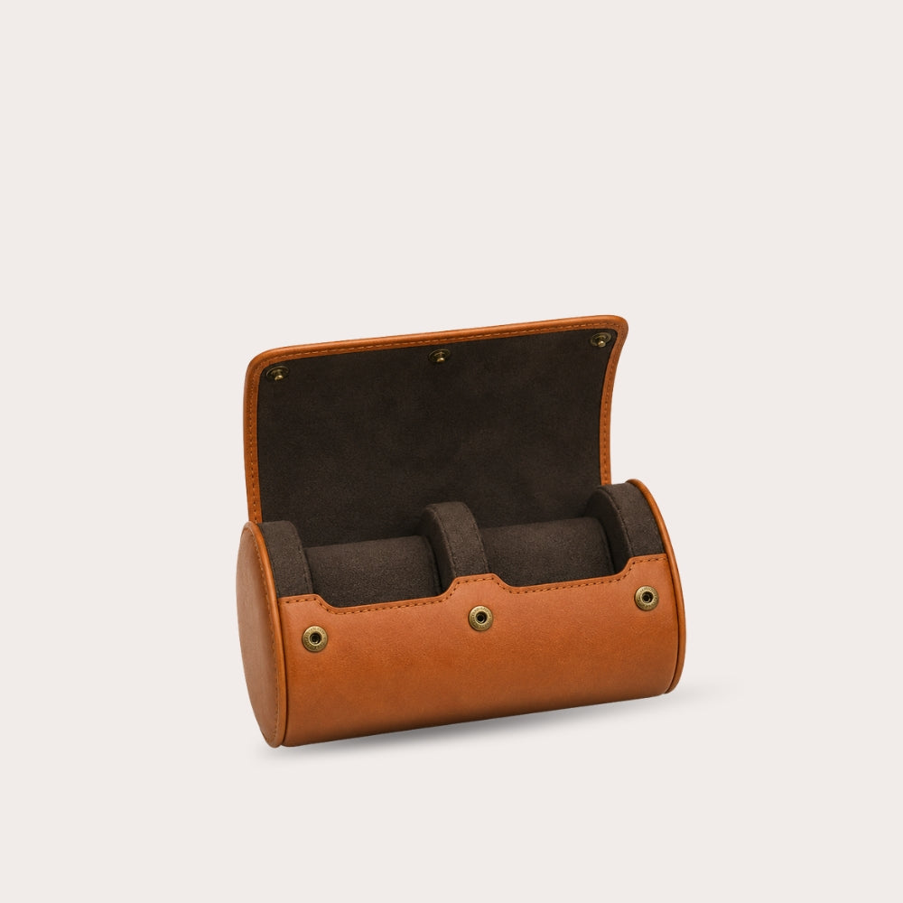 2 Watch Travel Case Full-grain Leather Watch Roll (Tawny Brown)