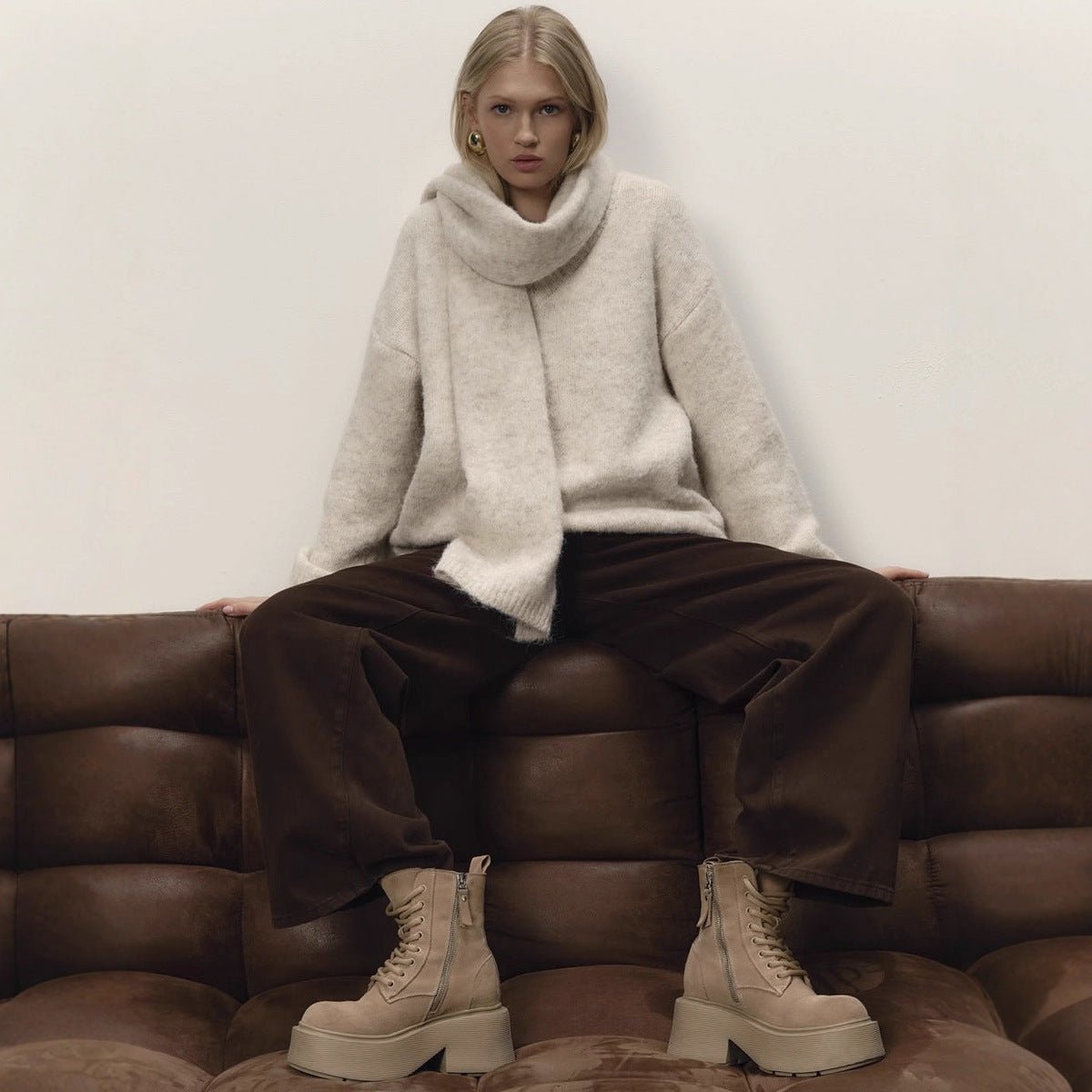 Loose Lazy Soft Wool Sweater Women Autumn Winter Pullover Loose Sweater Scarf Set - Overture Gifts