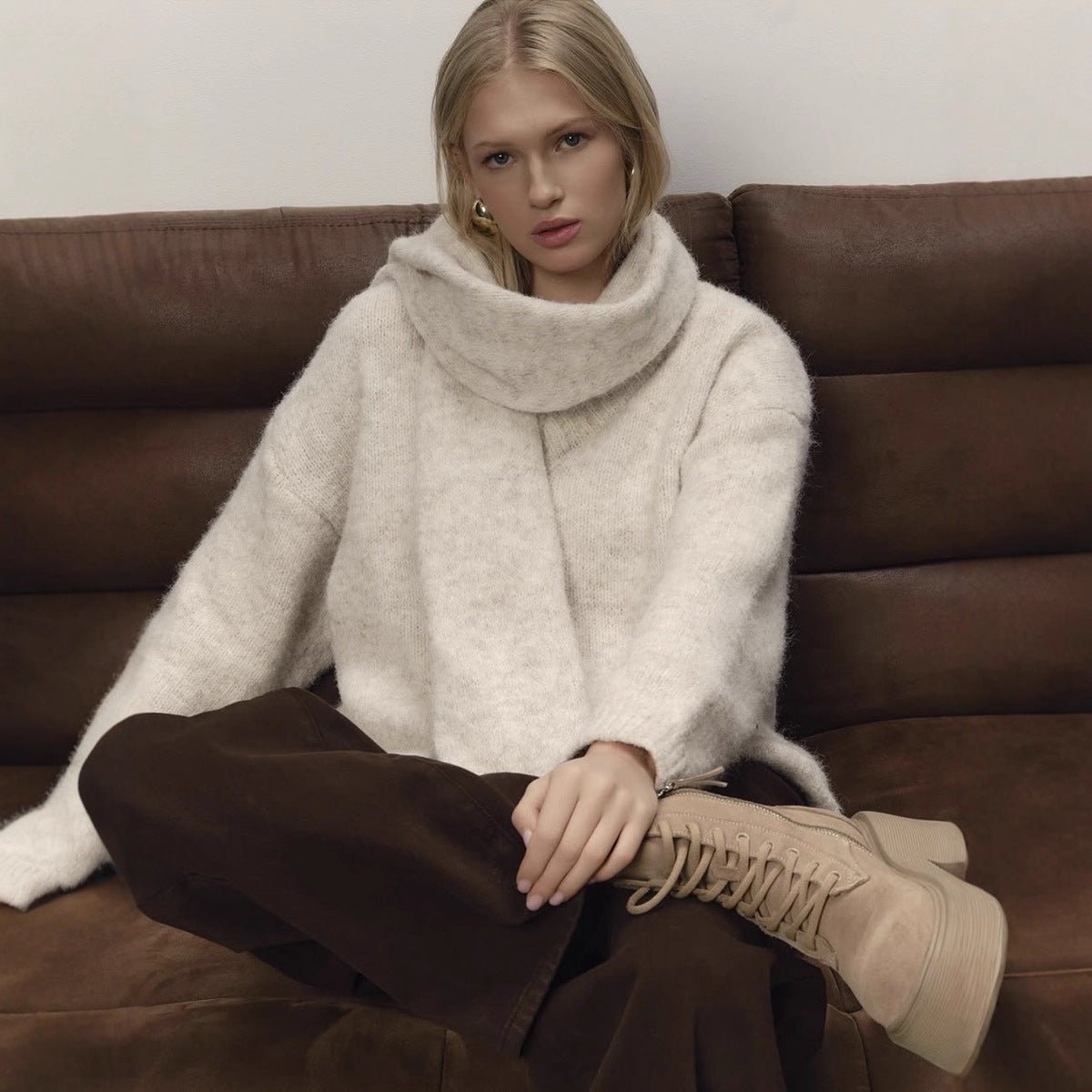 Loose Lazy Soft Wool Sweater Women Autumn Winter Pullover Loose Sweater Scarf Set - Overture Gifts
