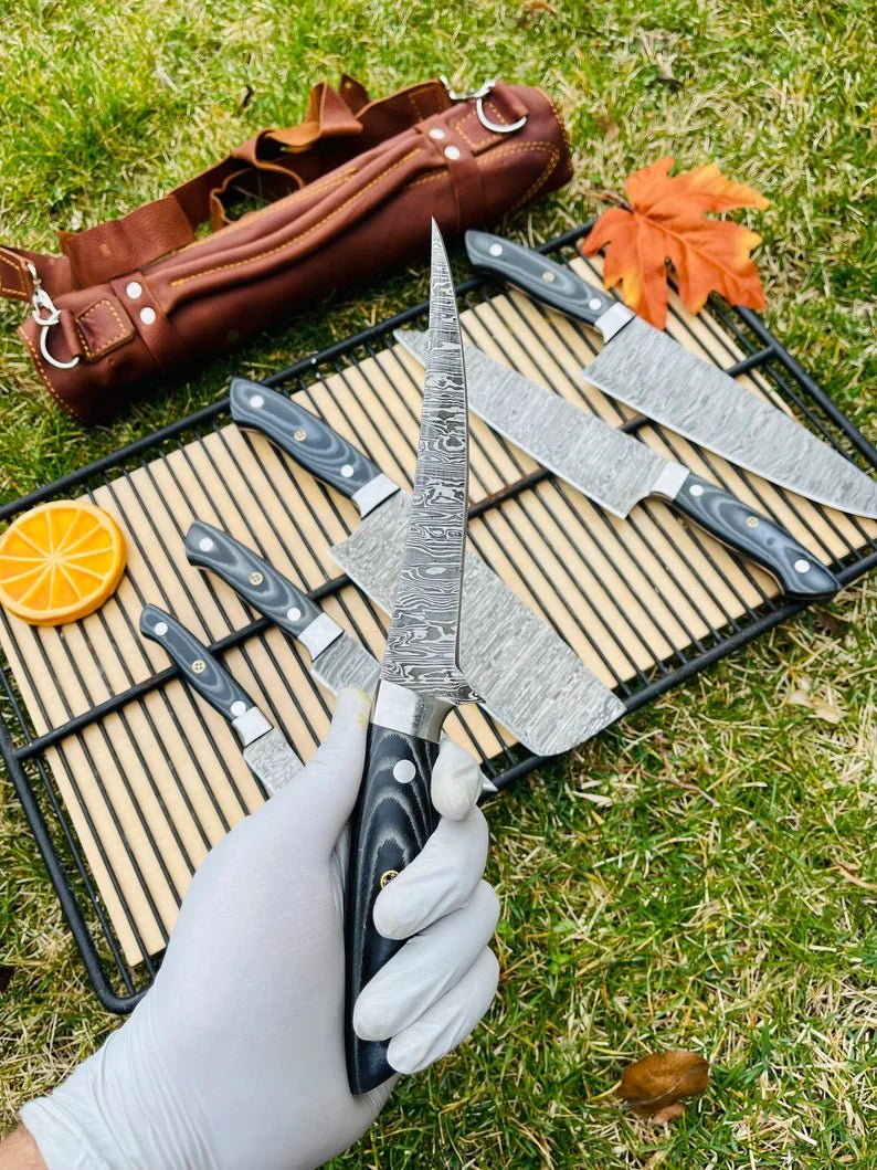 Luxury Custom Handmade Damascus Steel 5-Piece Kitchen Knife Set with G10 Handle & Steel Bolster - Premium Chef Knives in Leather Roll Kit - Overture Gifts