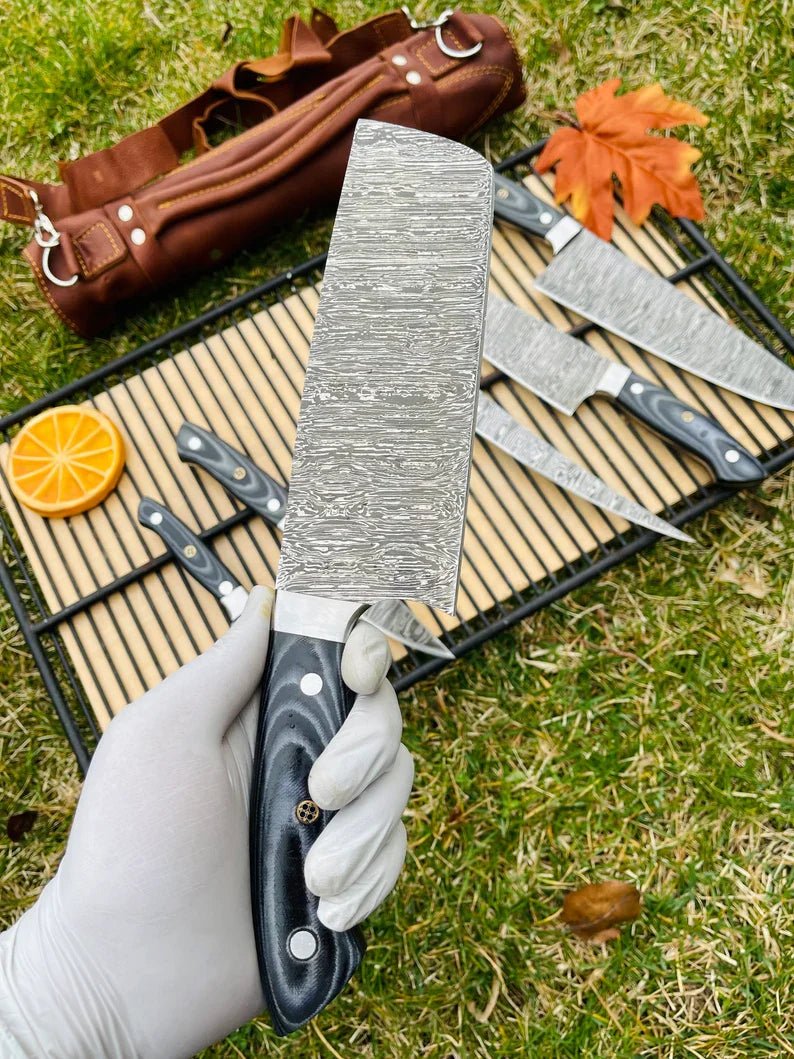 Luxury Custom Handmade Damascus Steel 5-Piece Kitchen Knife Set with G10 Handle & Steel Bolster - Premium Chef Knives in Leather Roll Kit - Overture Gifts