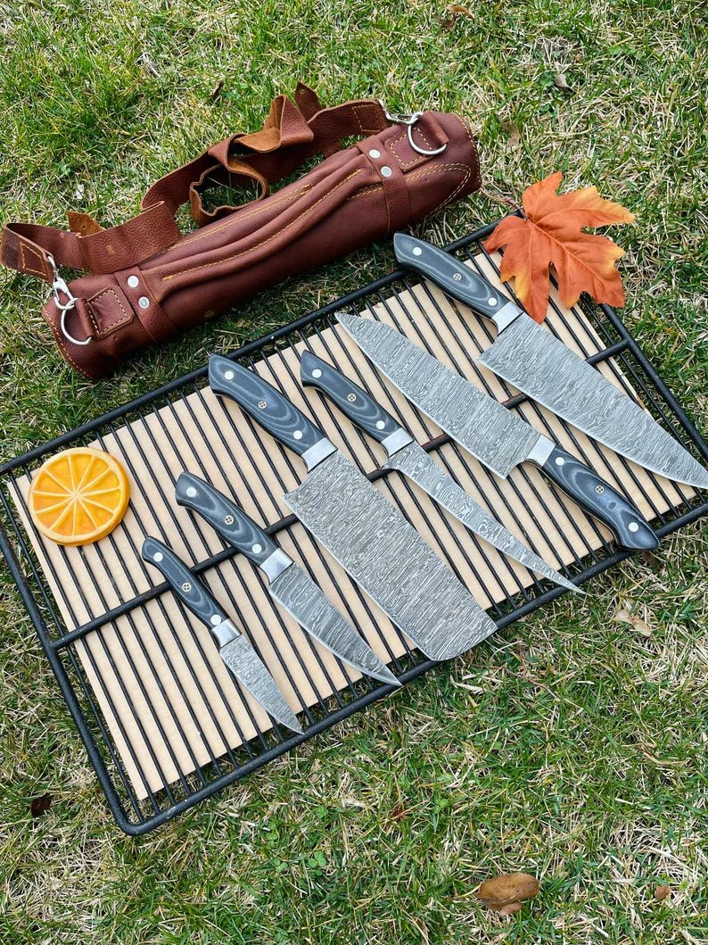 Luxury Custom Handmade Damascus Steel 5-Piece Kitchen Knife Set with G10 Handle & Steel Bolster - Premium Chef Knives in Leather Roll Kit - Overture Gifts