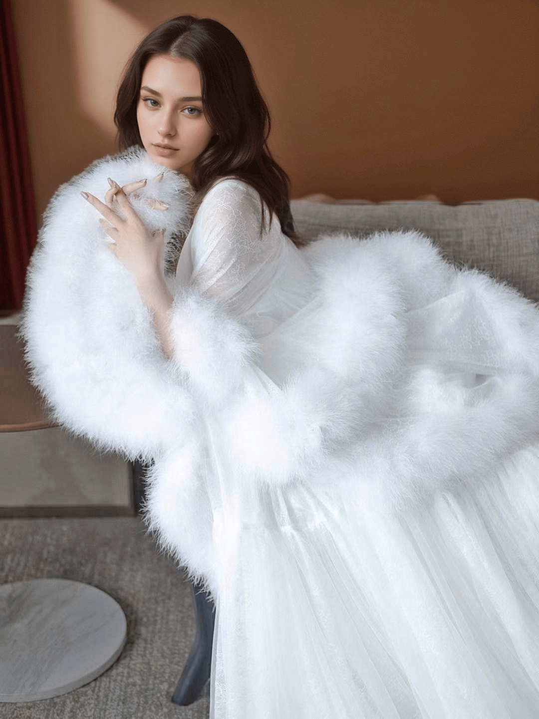 Luxury thick turkey feather fringe long bridal robe set with night gown - Overture Gifts