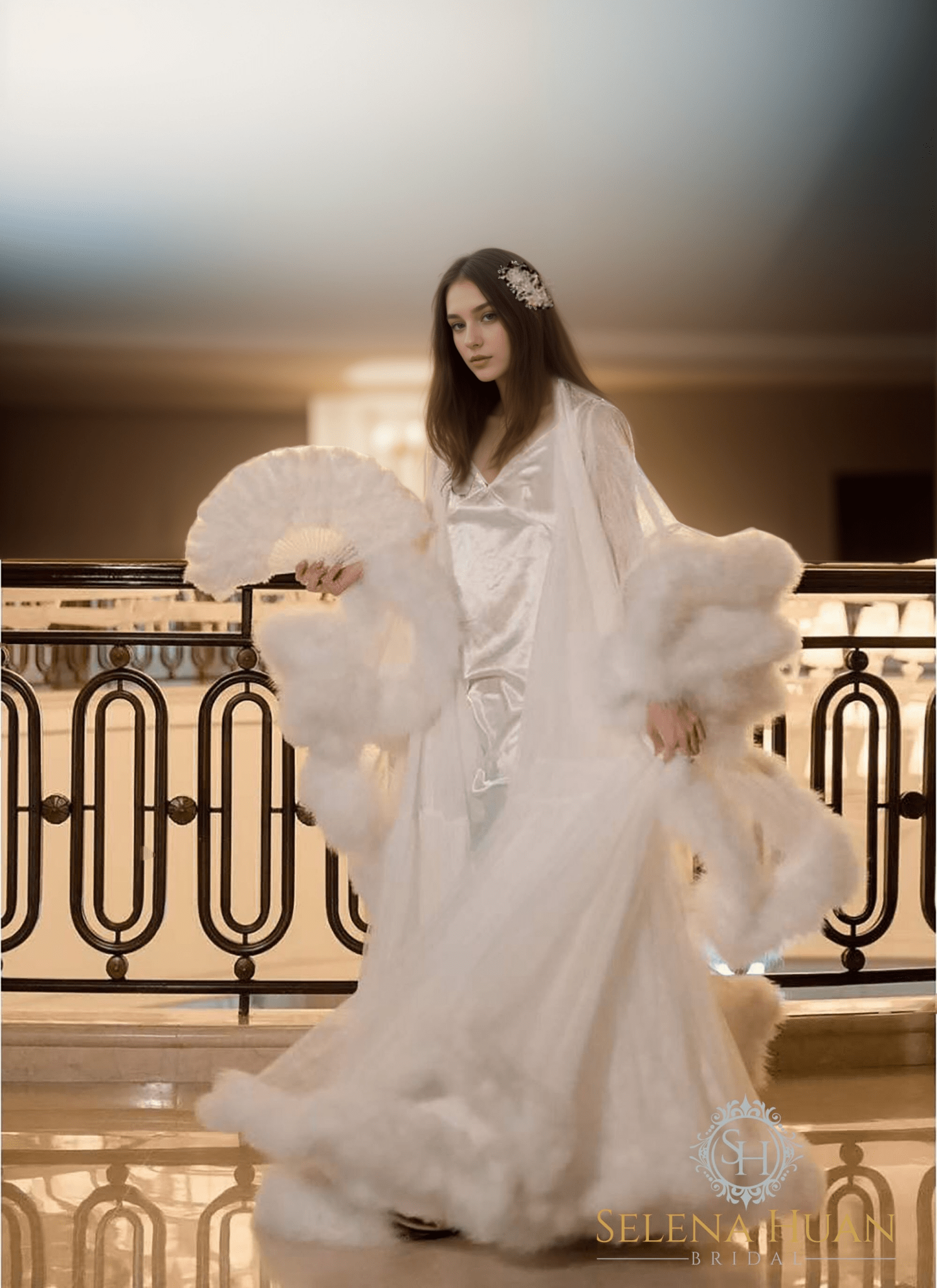 Luxury thick turkey feather fringe long bridal robe set with night gown - Overture Gifts