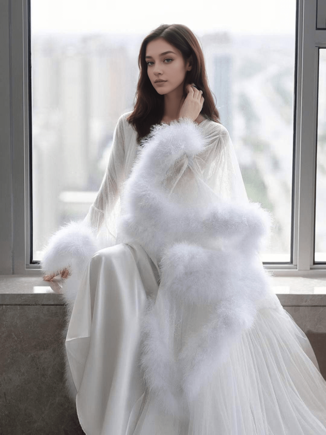 Luxury thick turkey feather fringe long bridal robe set with night gown - Overture Gifts